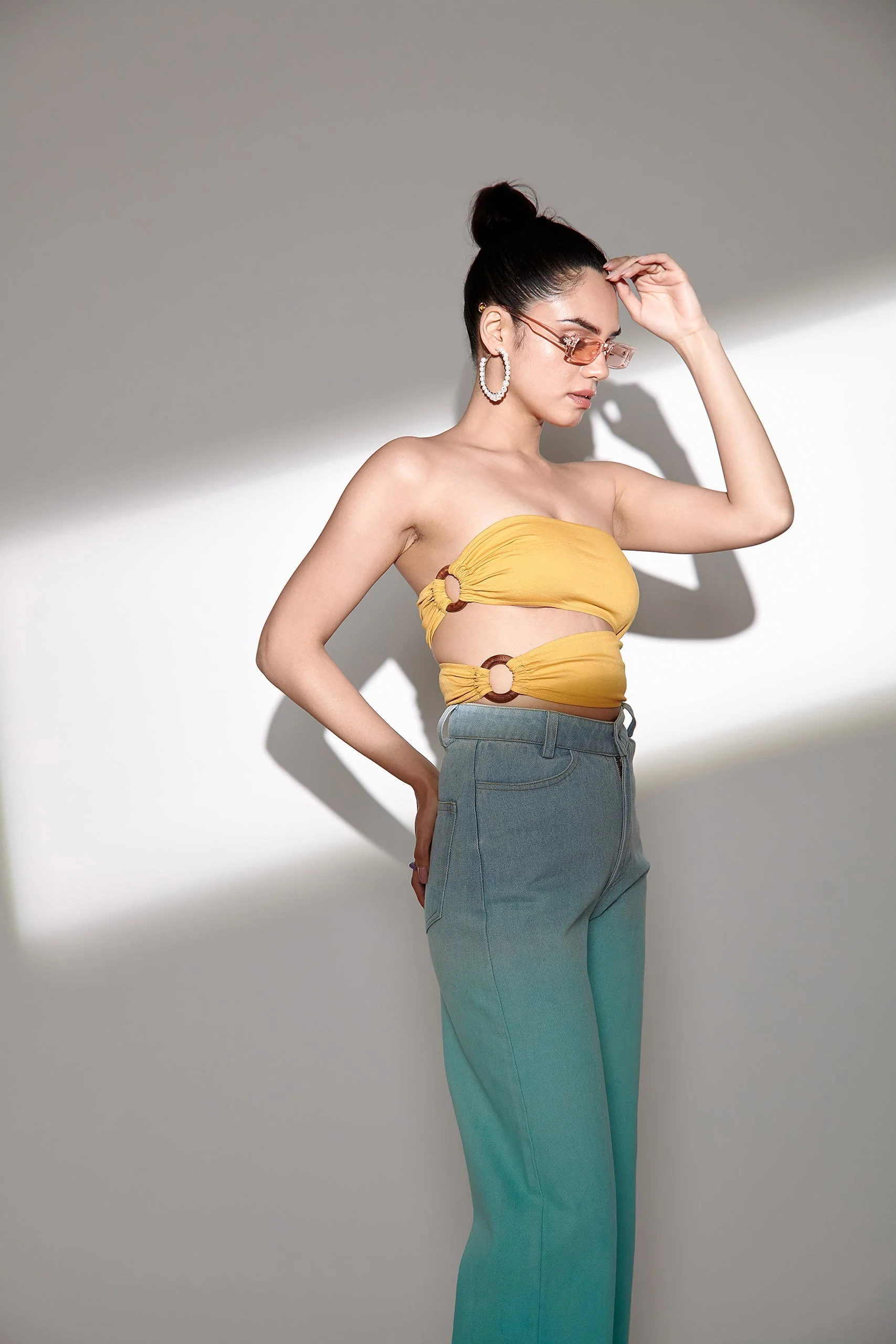 Asymmetrical Wooden Ring Bandeau Top- Yellow - Image 3