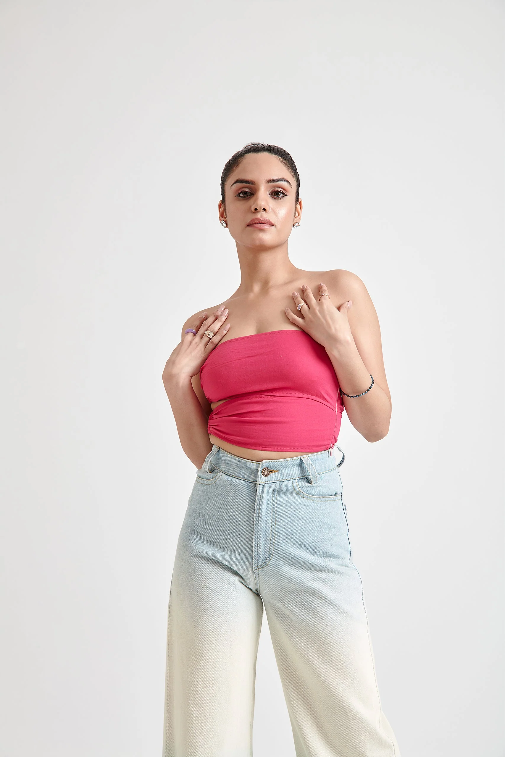 Asymmetrical Wooden Ring Bandeau Top- Pink
