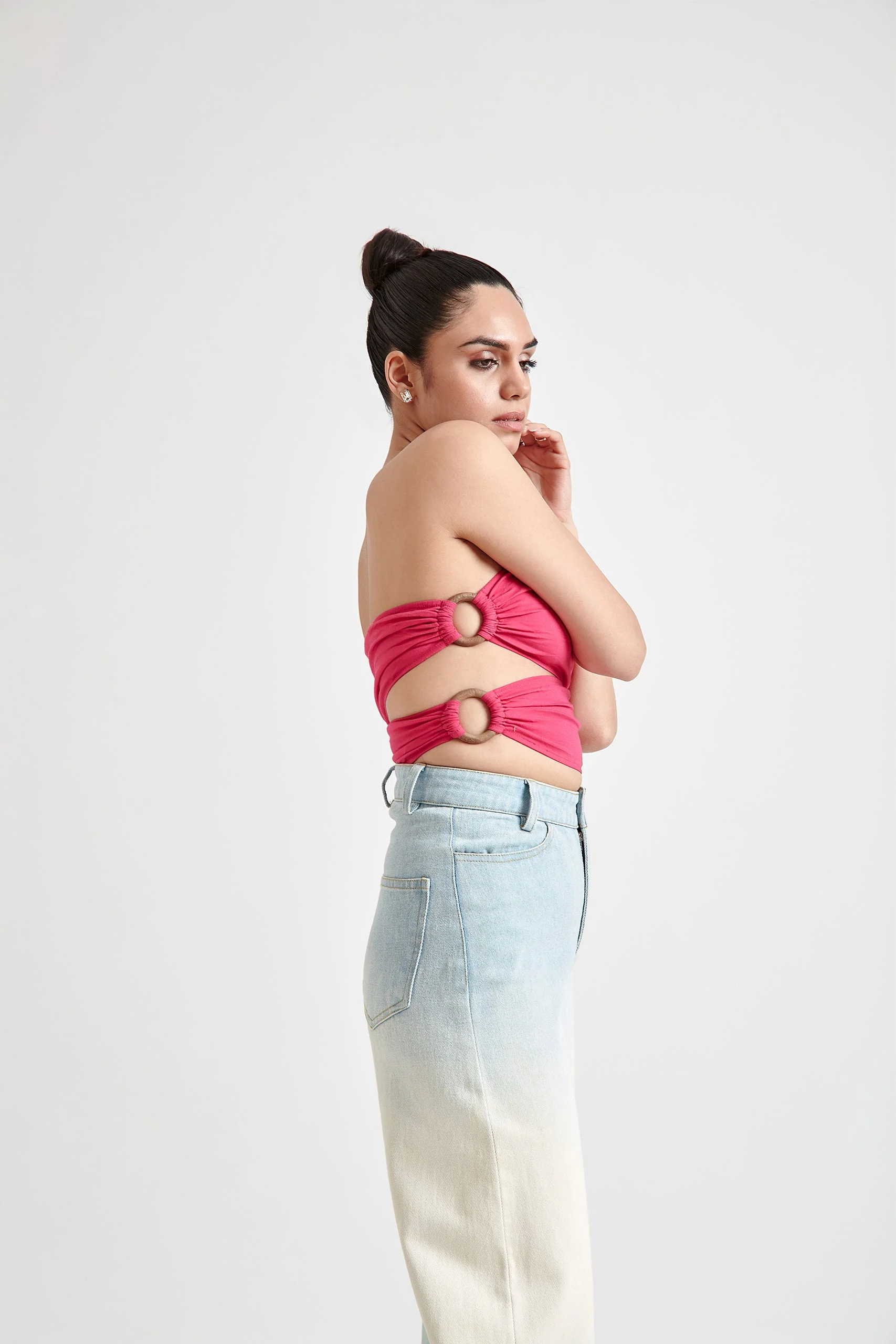 Asymmetrical Wooden Ring Bandeau Top- Pink - Image 2