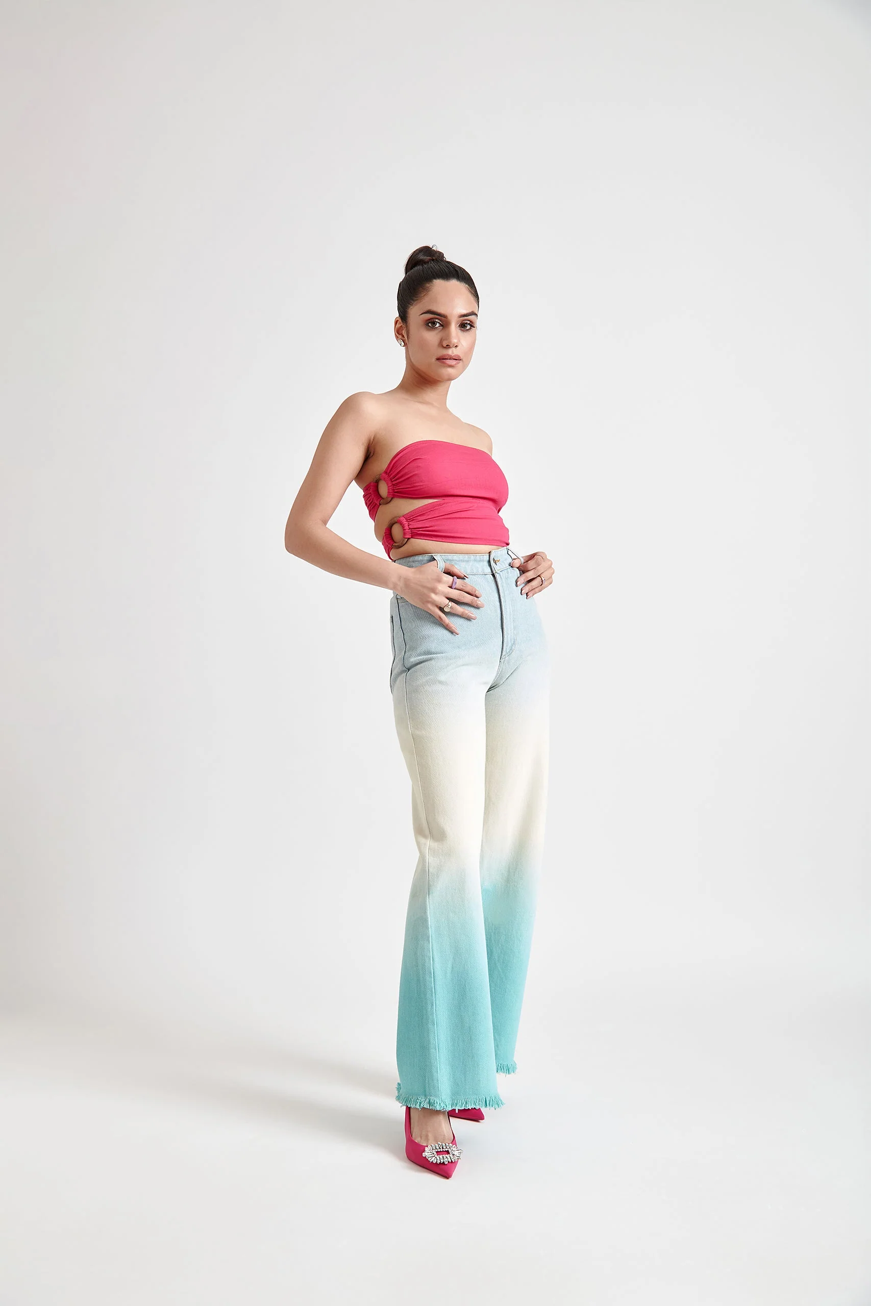 Asymmetrical Wooden Ring Bandeau Top- Pink - Image 3