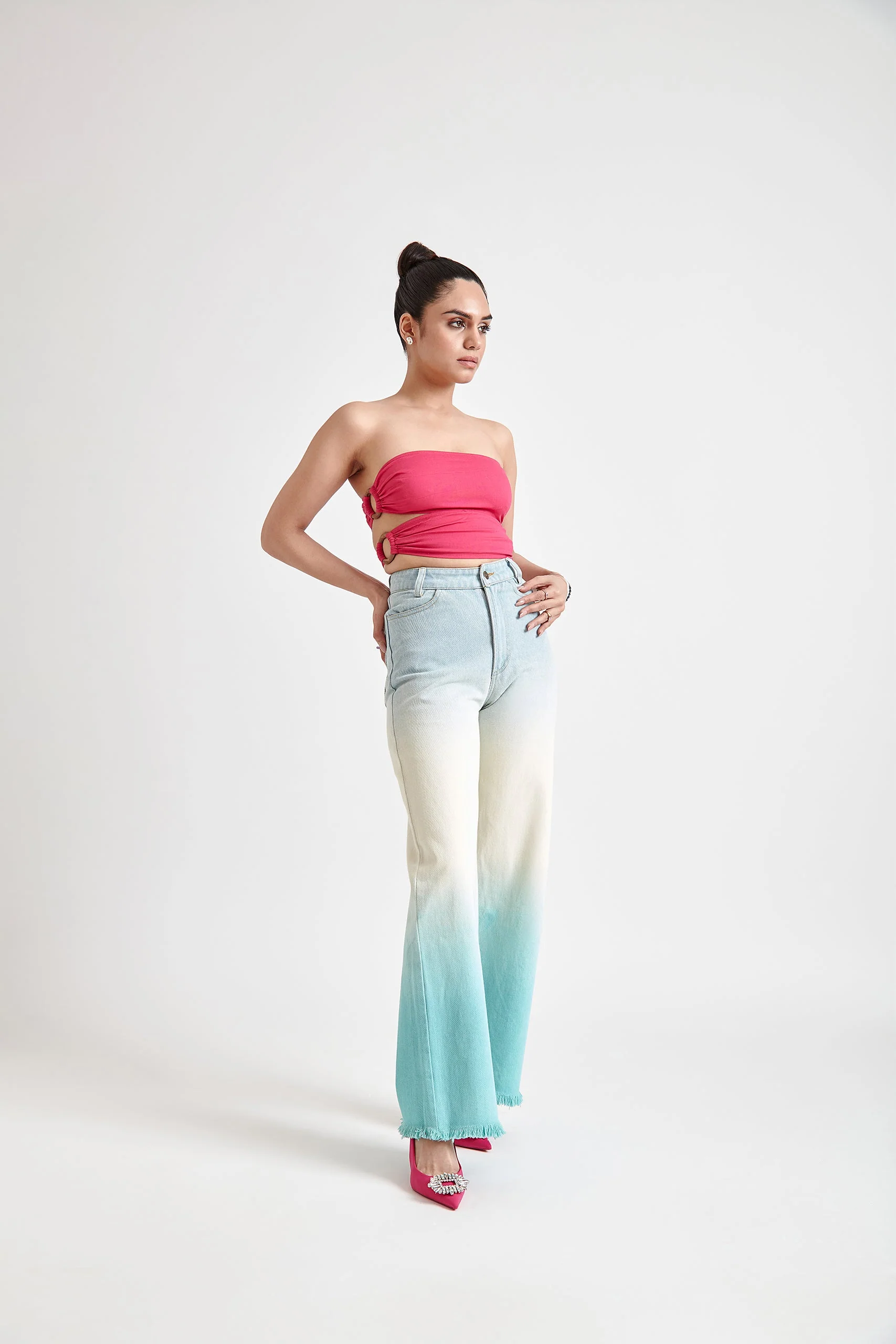 Asymmetrical Wooden Ring Bandeau Top- Pink - Image 4