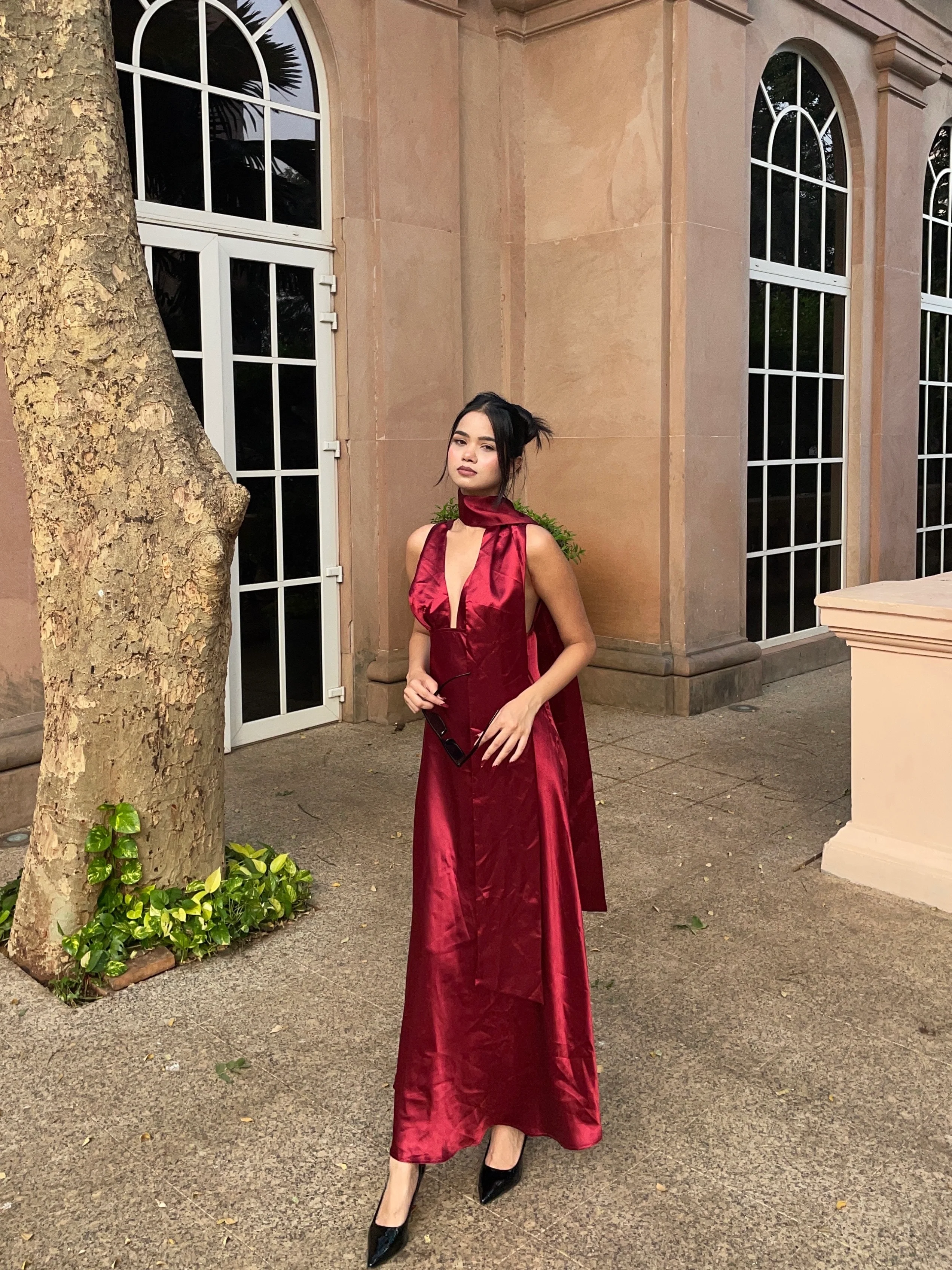 Crimson Allure Deep V Satin Maxi Dress - Image 3