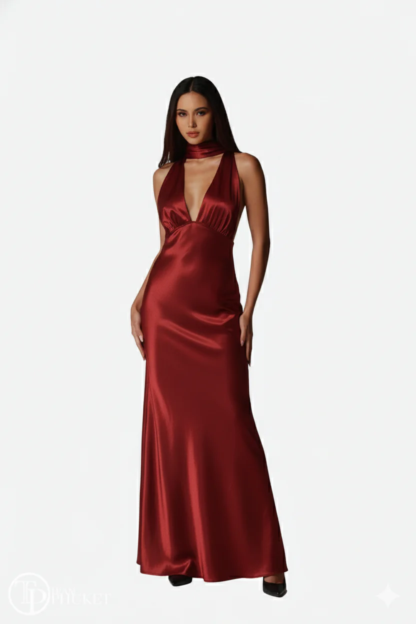 Crimson Allure Deep V Satin Maxi Dress - Image 5