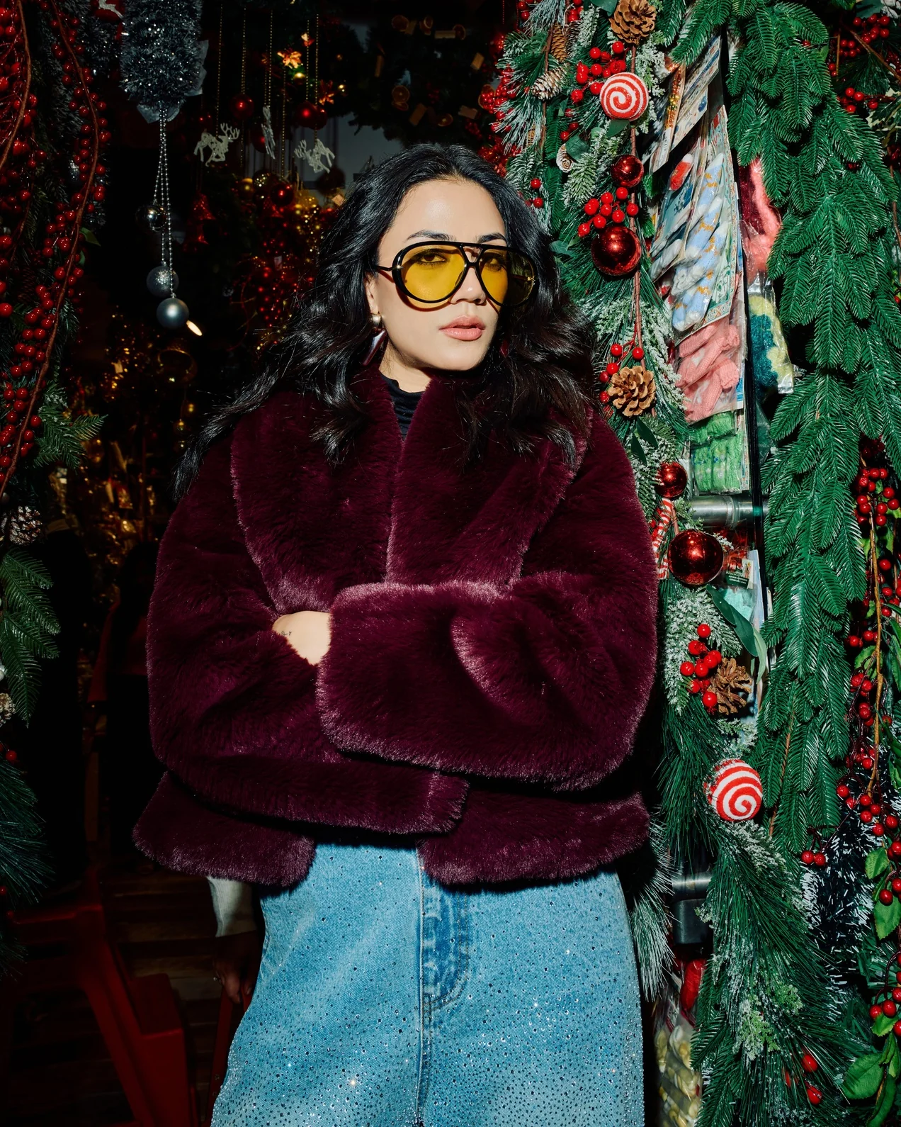 Deep Wine Luxe Faux Fur Jacket - Image 3