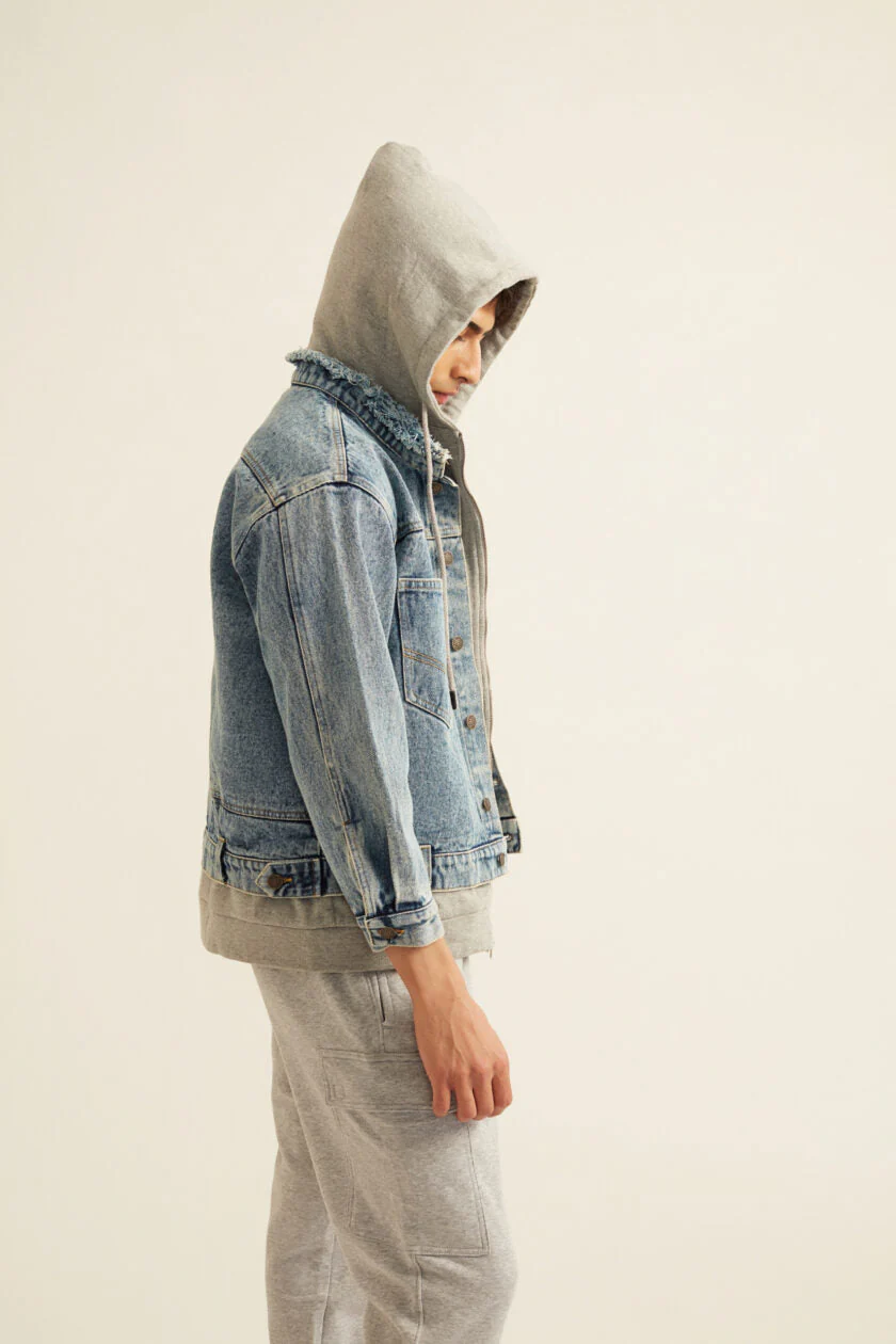 Denim Jacket with Grey Hoodie - Image 4