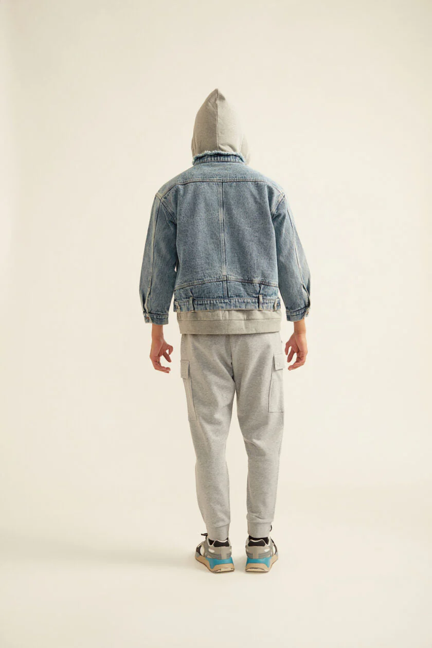 Denim Jacket with Grey Hoodie - Image 5