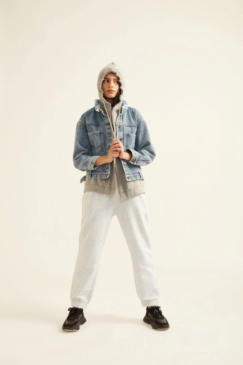 Denim Jacket with Grey Hoodie - Image 4
