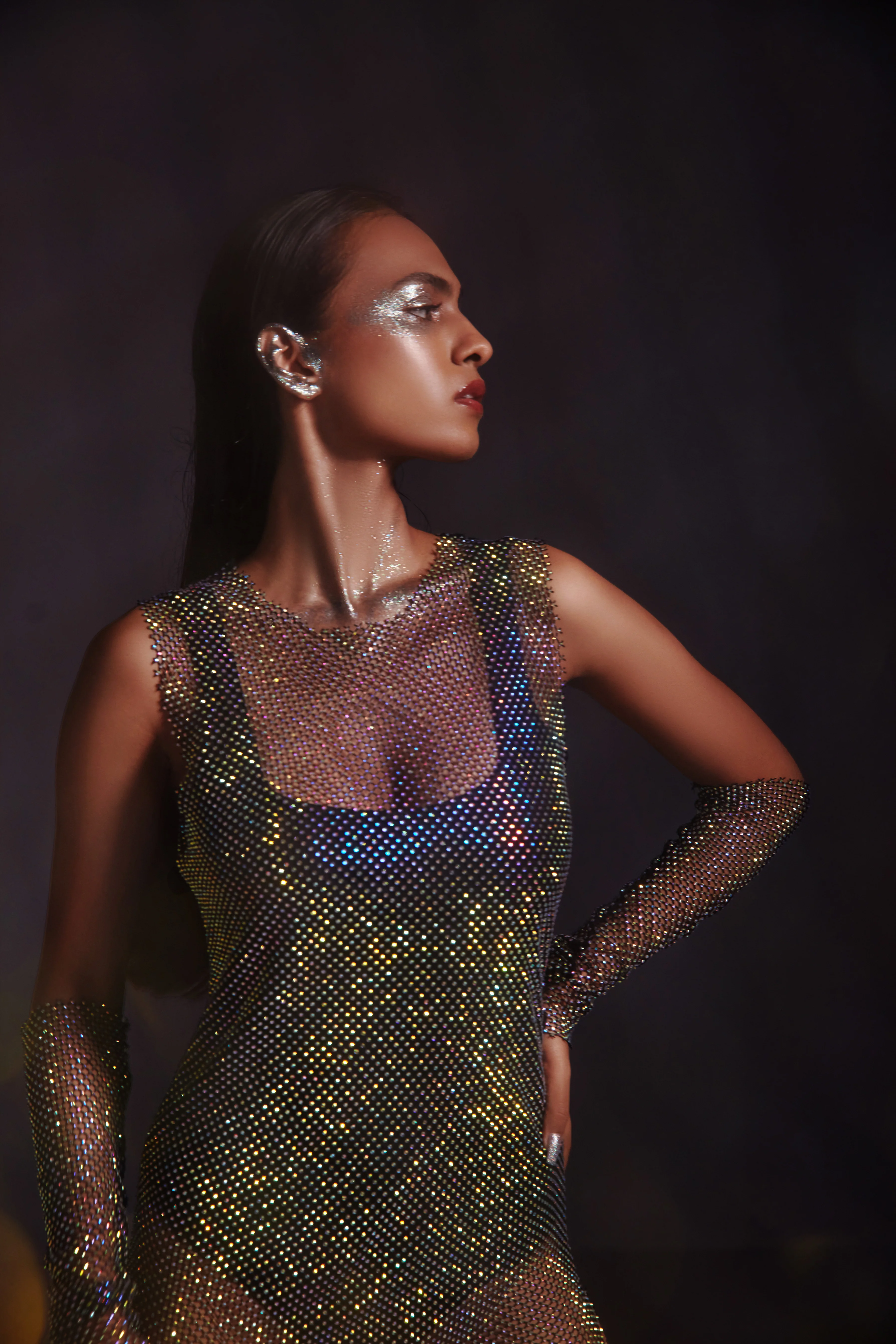Diamond Mesh Midi Dress- Black - Image 3