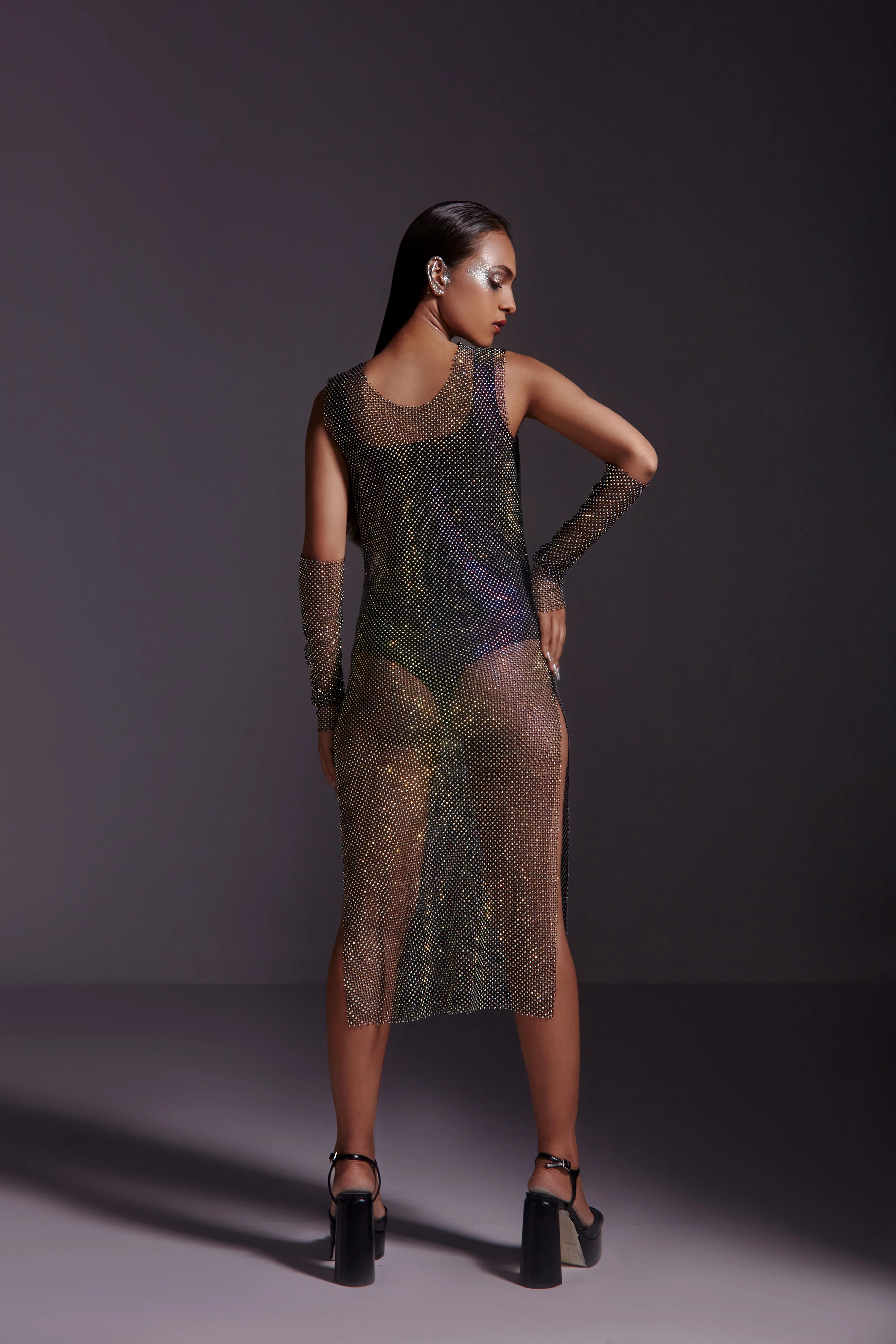 Diamond Mesh Midi Dress- Black - Image 4