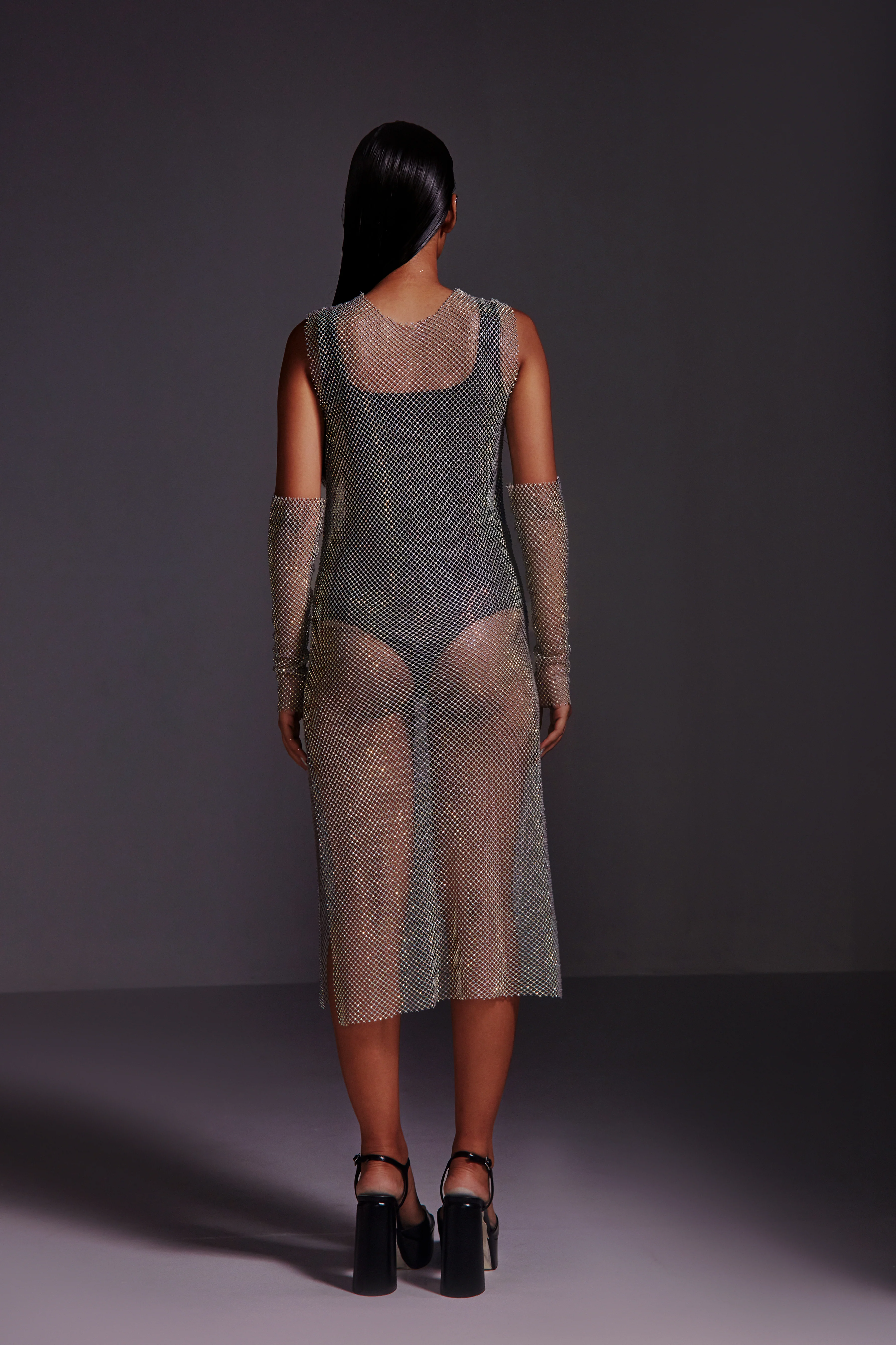 Diamond Mesh Midi Dress- Grey - Image 5