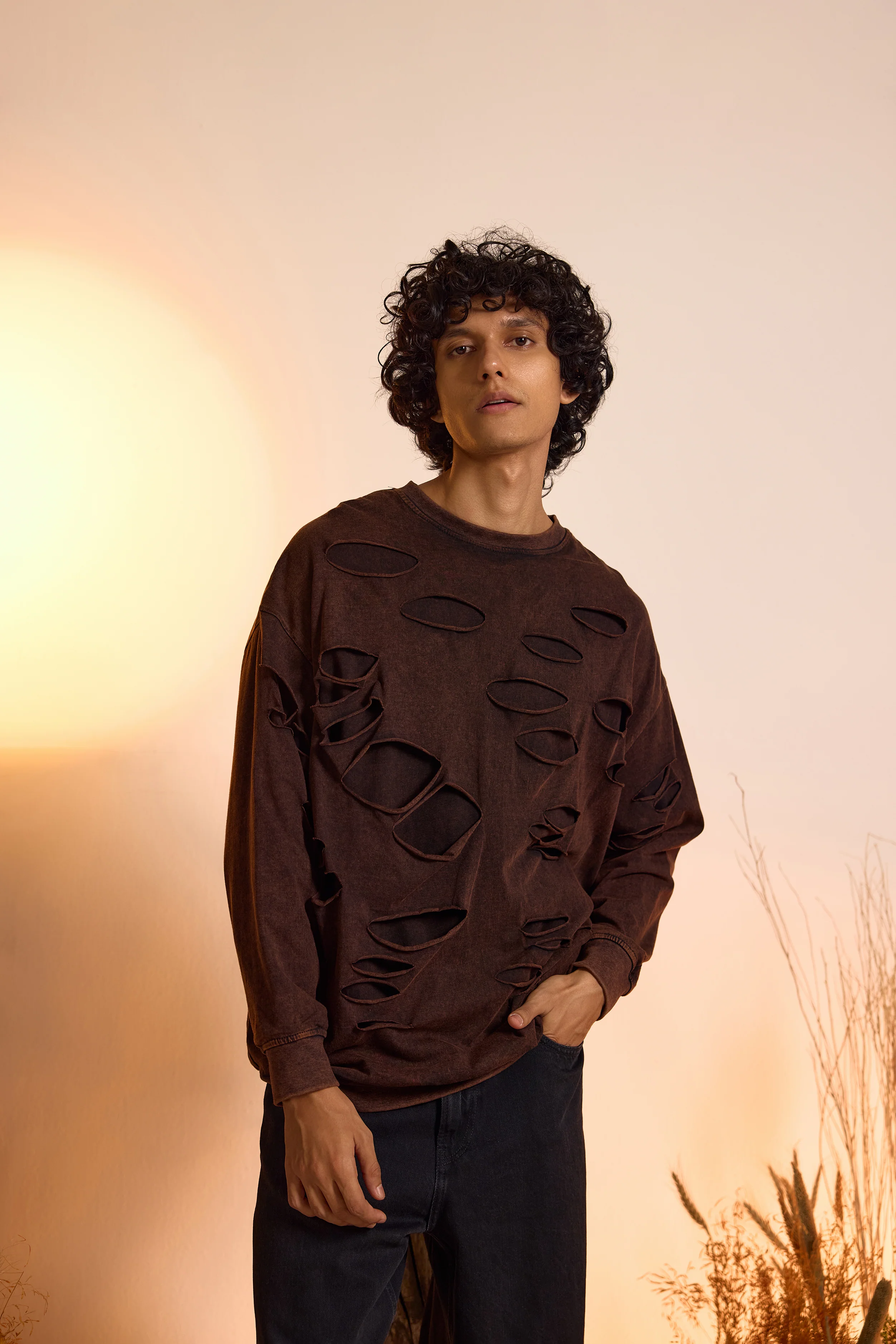 Distressed Brown Acid Wash Sweatshirt with Ripped Detailing-Men