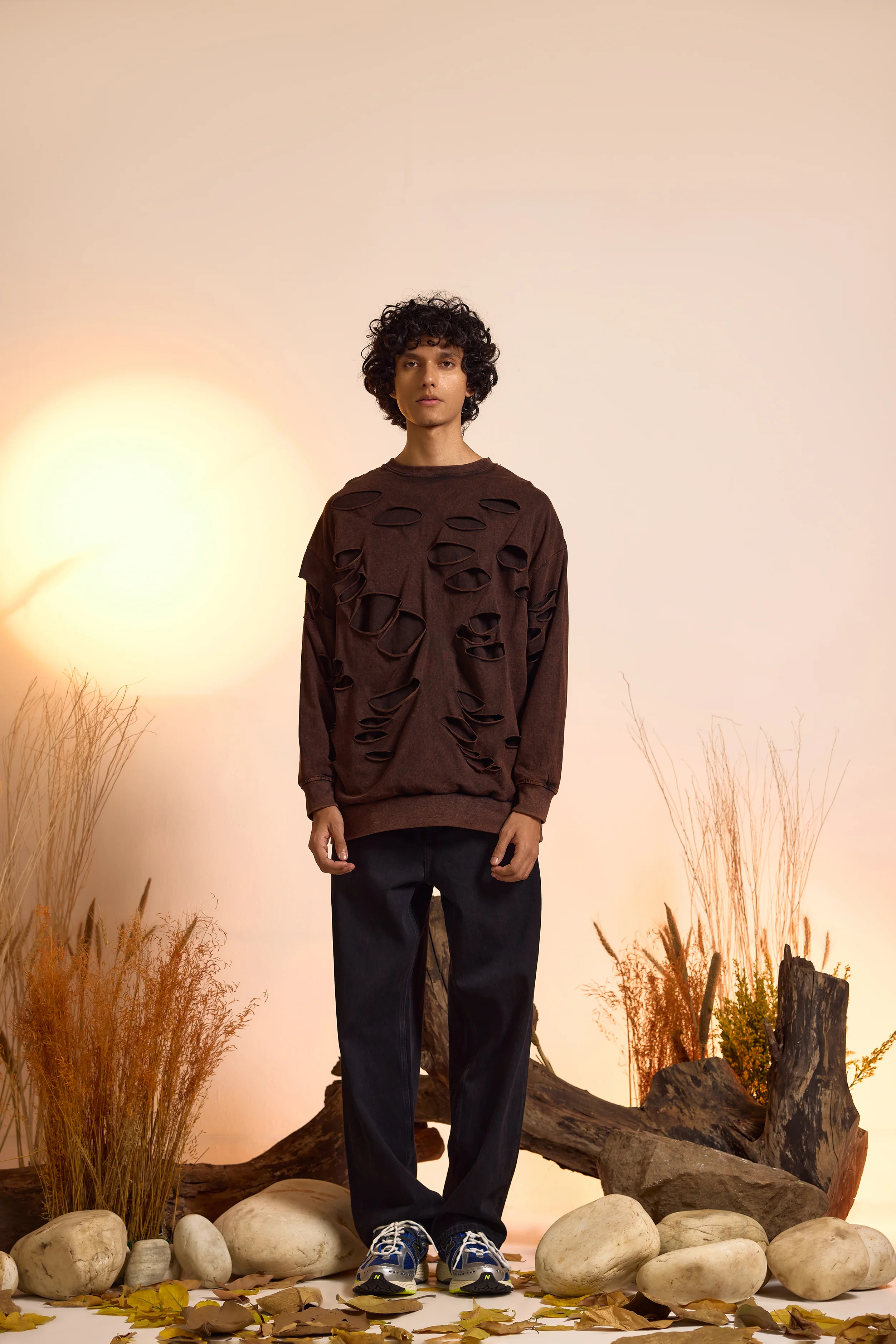 Distressed Brown Acid Wash Sweatshirt with Ripped Detailing-Men - Image 2