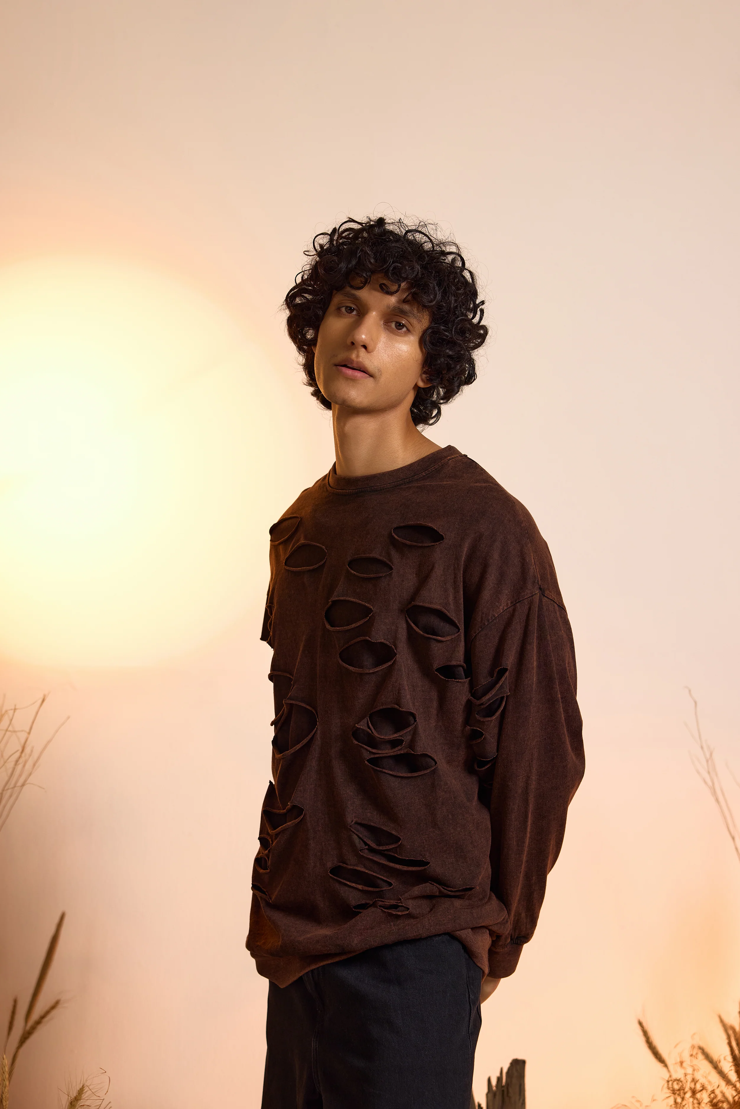 Distressed Brown Acid Wash Sweatshirt with Ripped Detailing-Men - Image 3