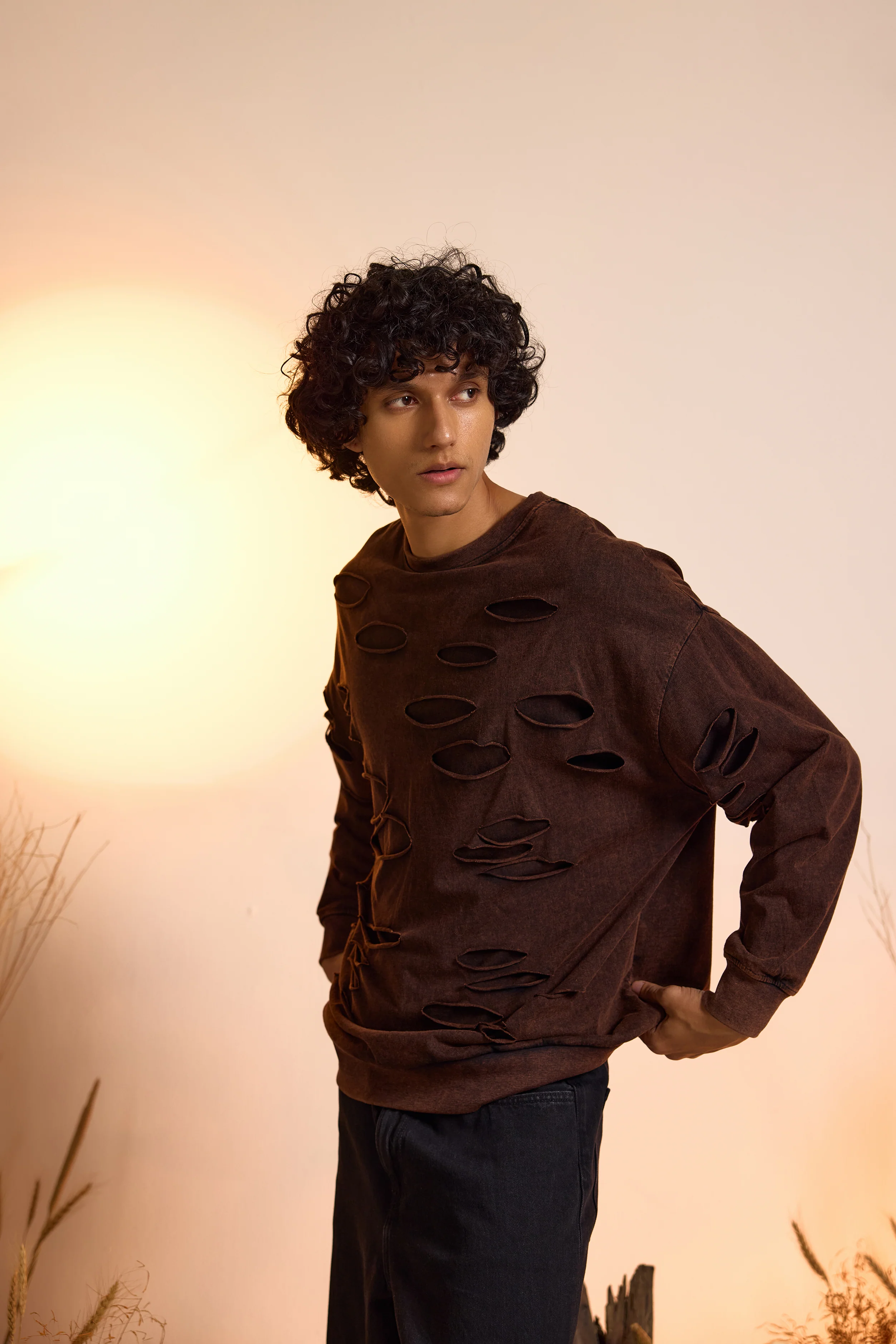 Distressed Brown Acid Wash Sweatshirt with Ripped Detailing-Men - Image 4