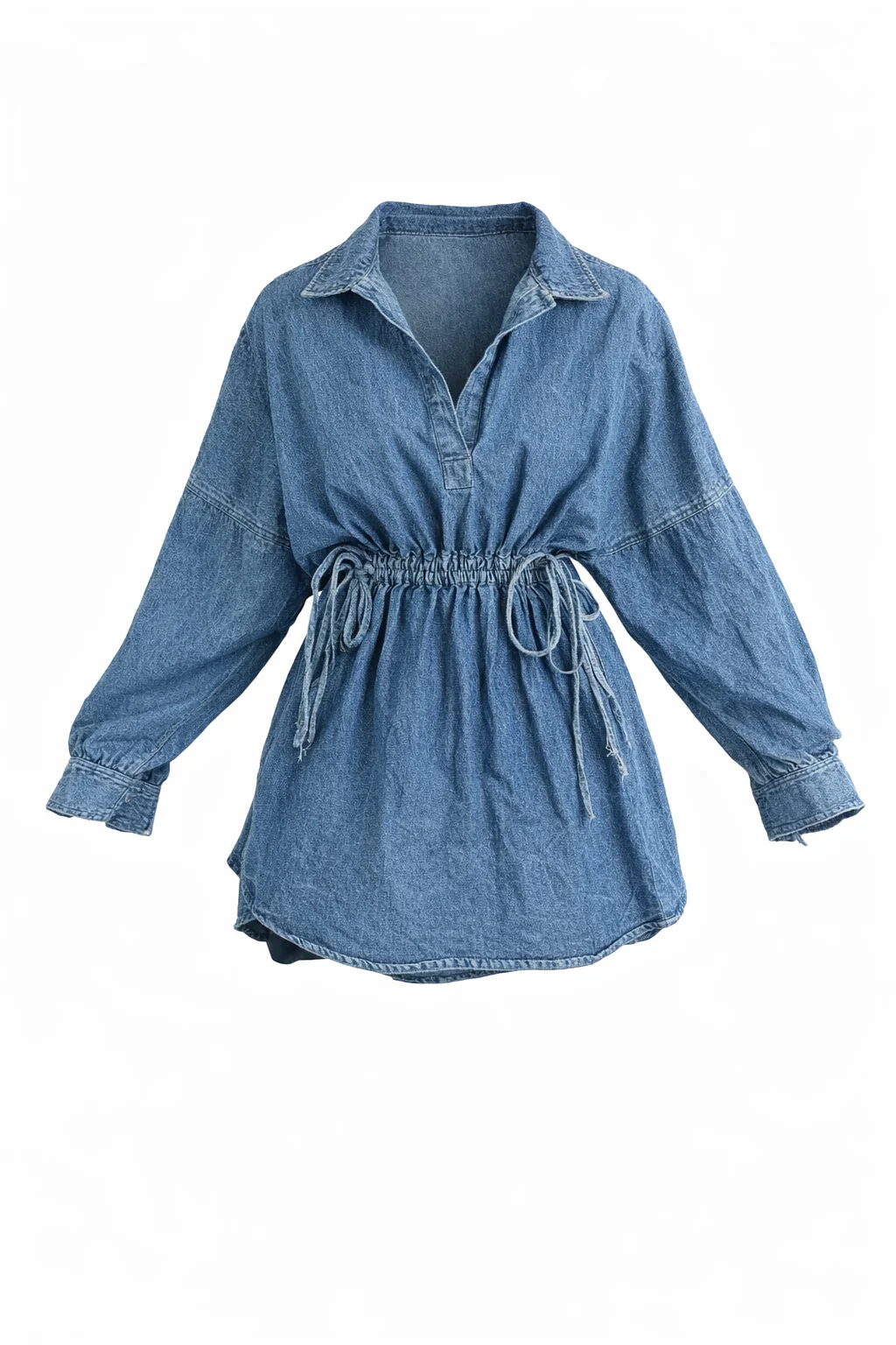 Drawstring Waist Denim Collared Mini Dress - Image 2
