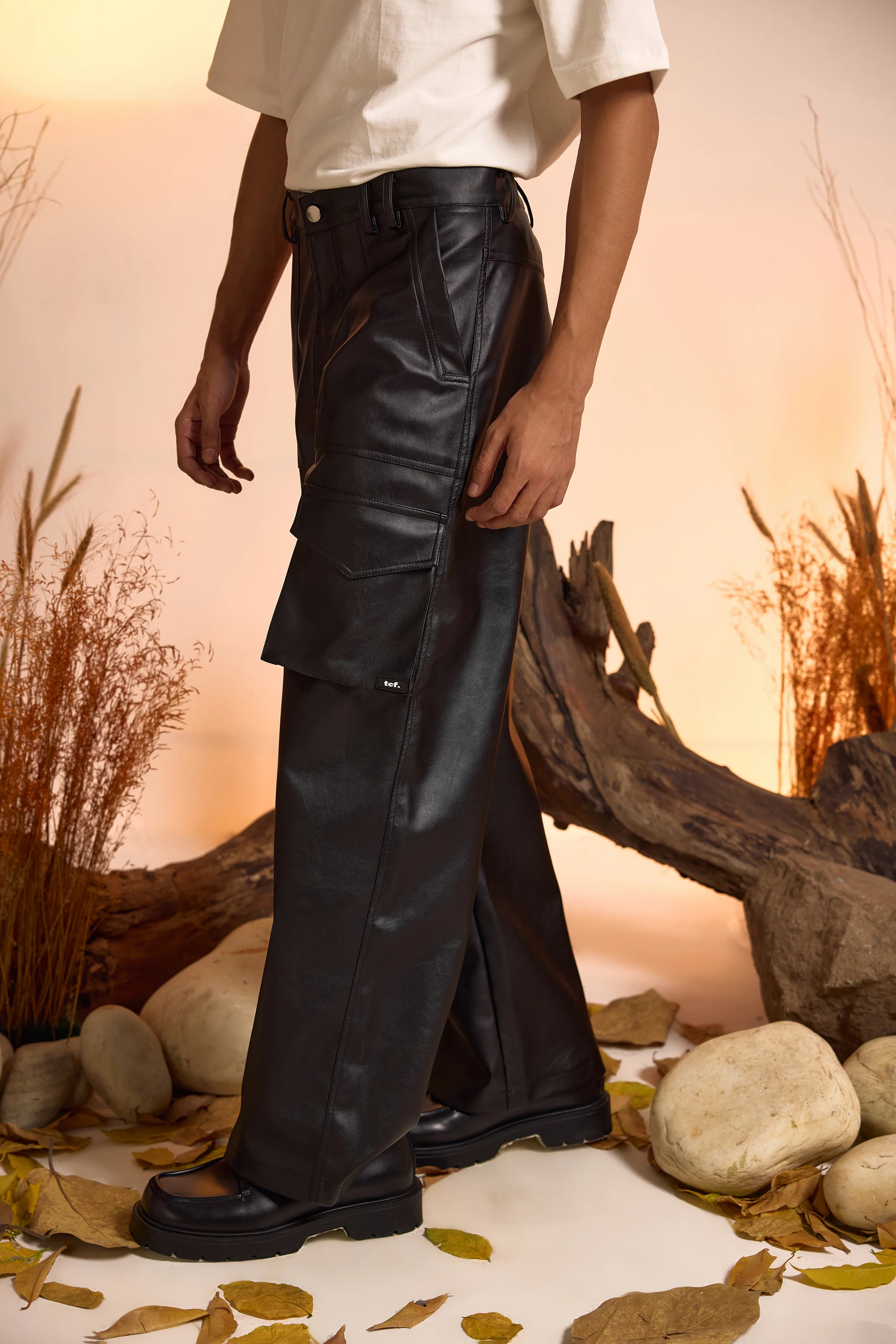 Straight Fit Faux Leather Cargo Pant-Black-Men - Image 2