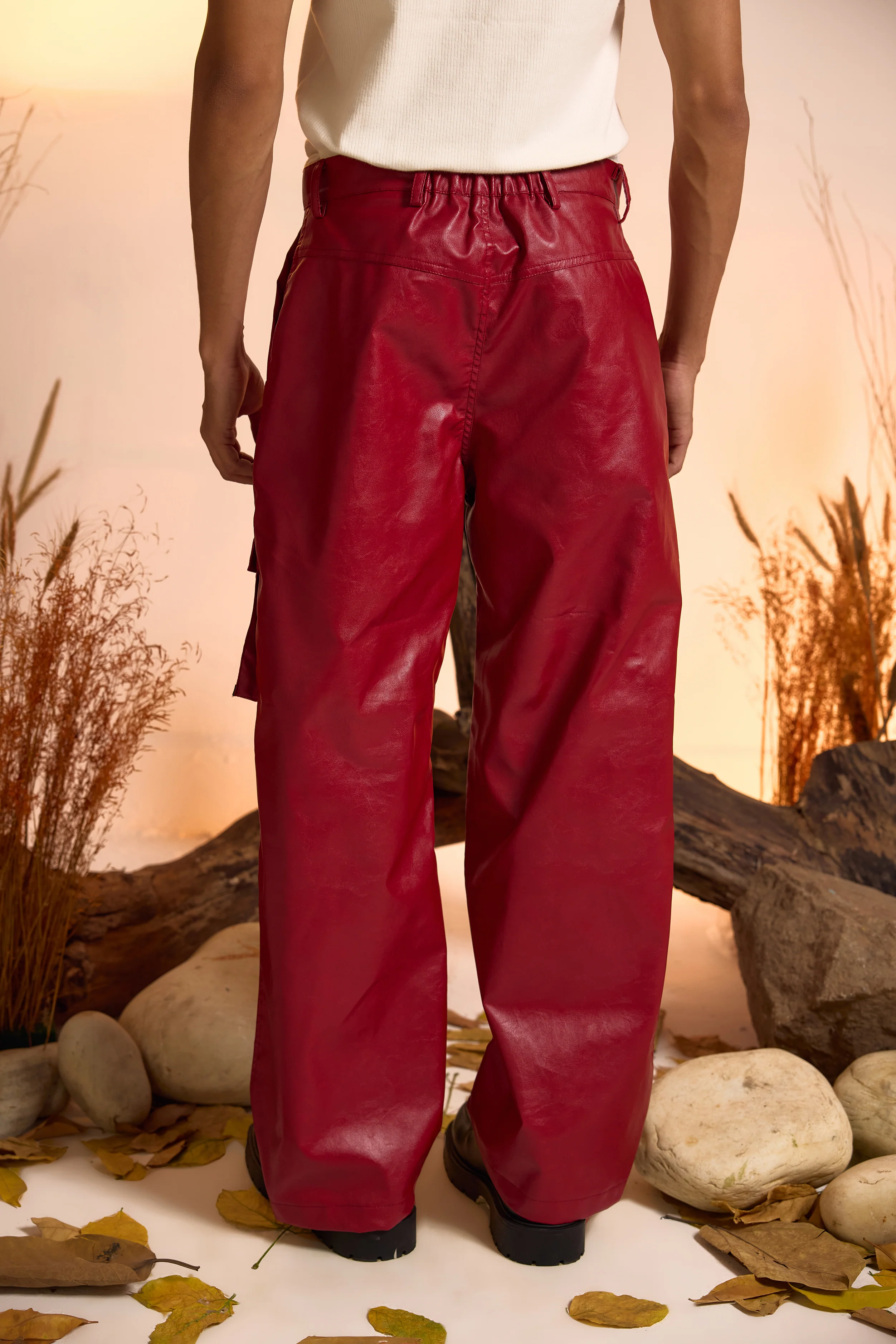 Straight Fit Faux Leather Cargo Pant-Cherry Red-Men - Image 4