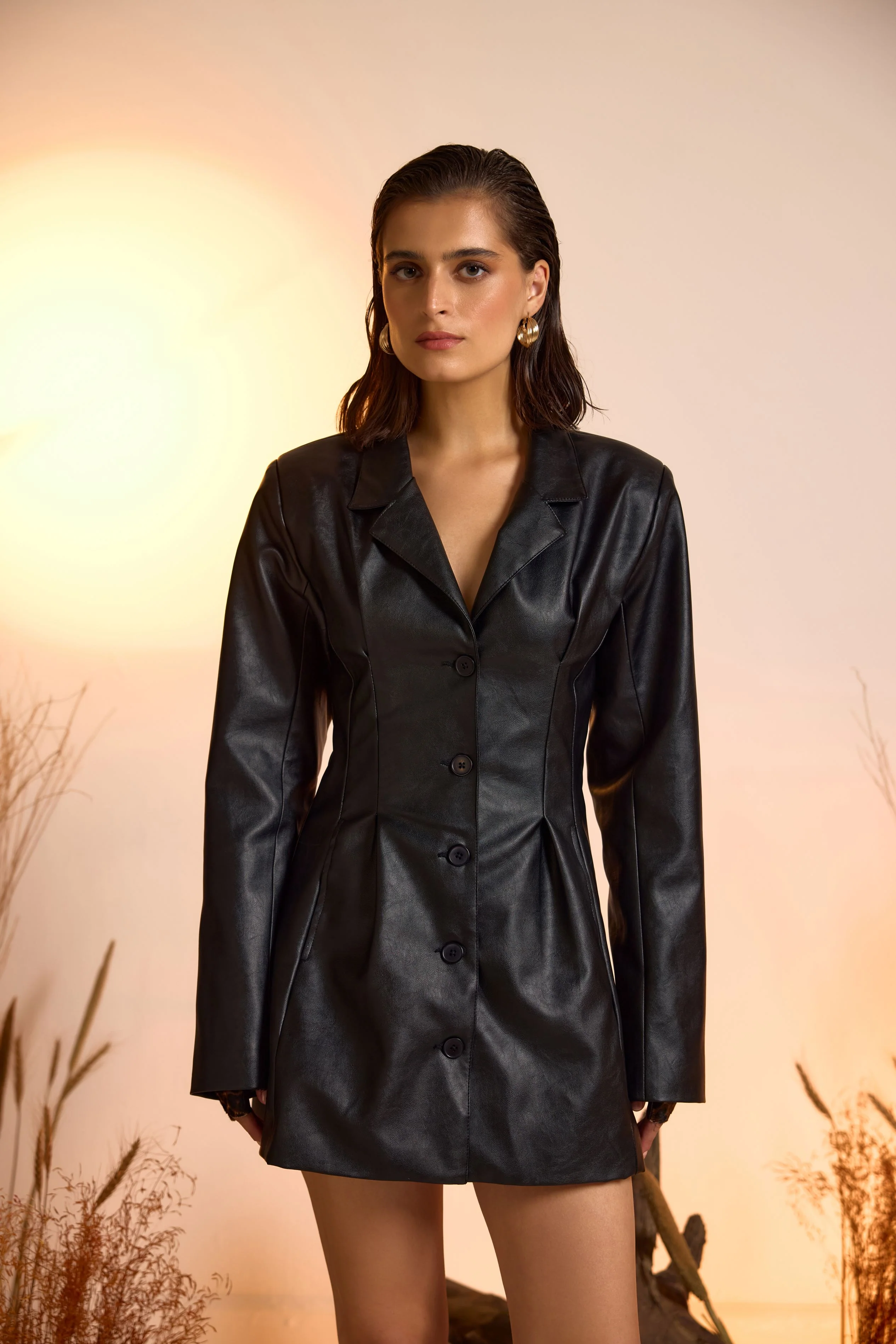 Faux Leather Mini Dress-Black - Image 4