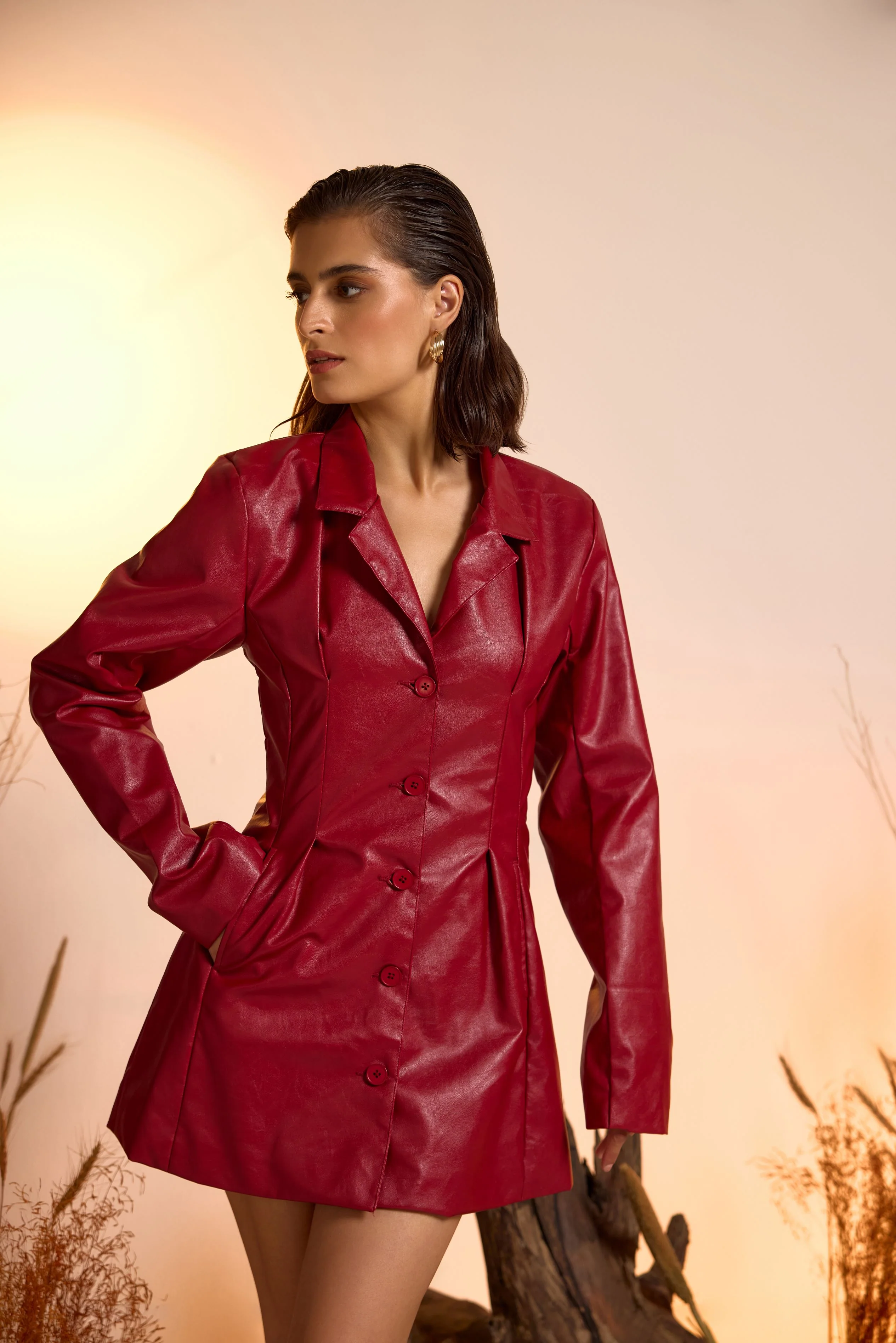 Faux Leather Mini Dress-Cherry Red - Image 4