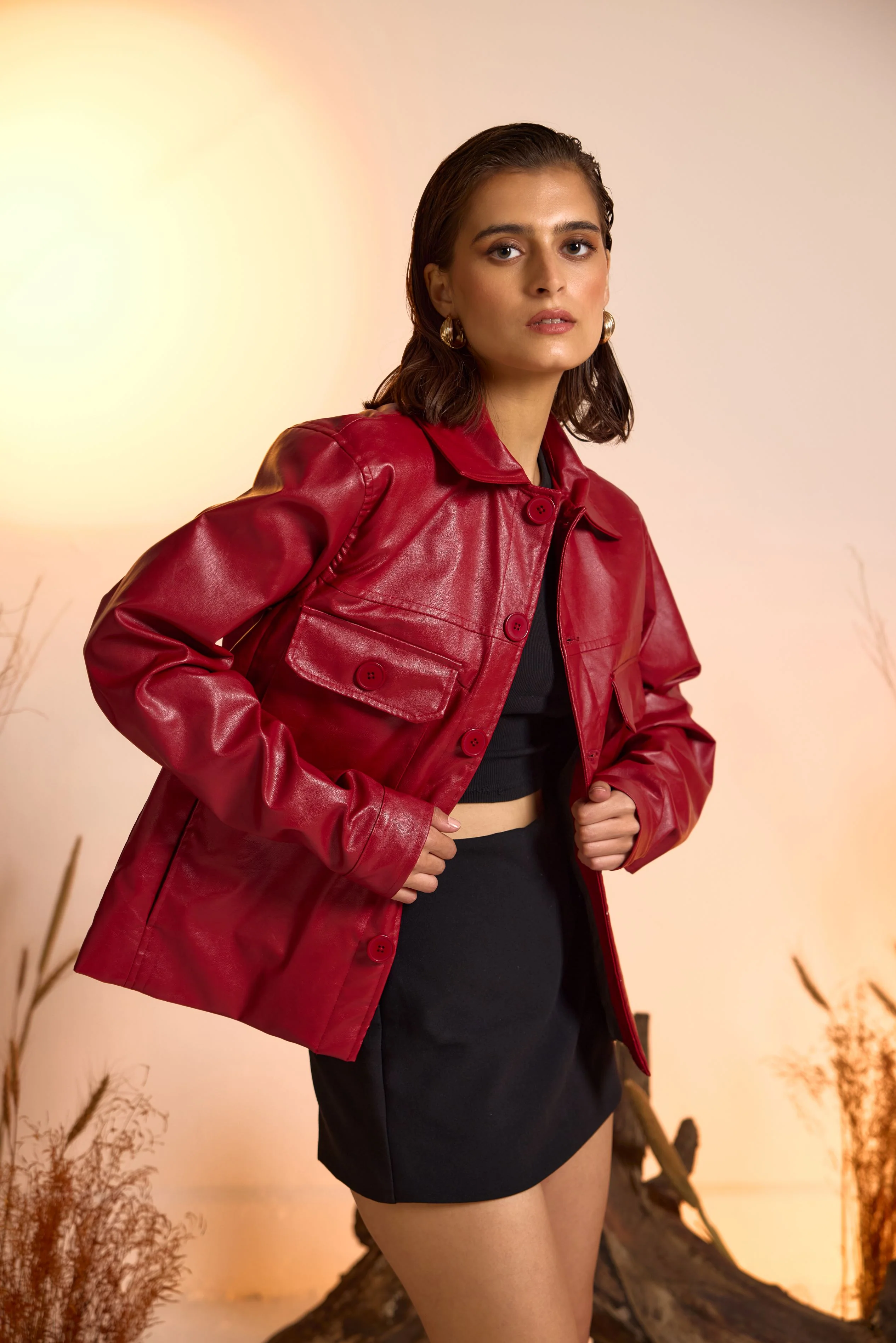 Faux Leather Utility Jacket-Cherry Red - Image 2