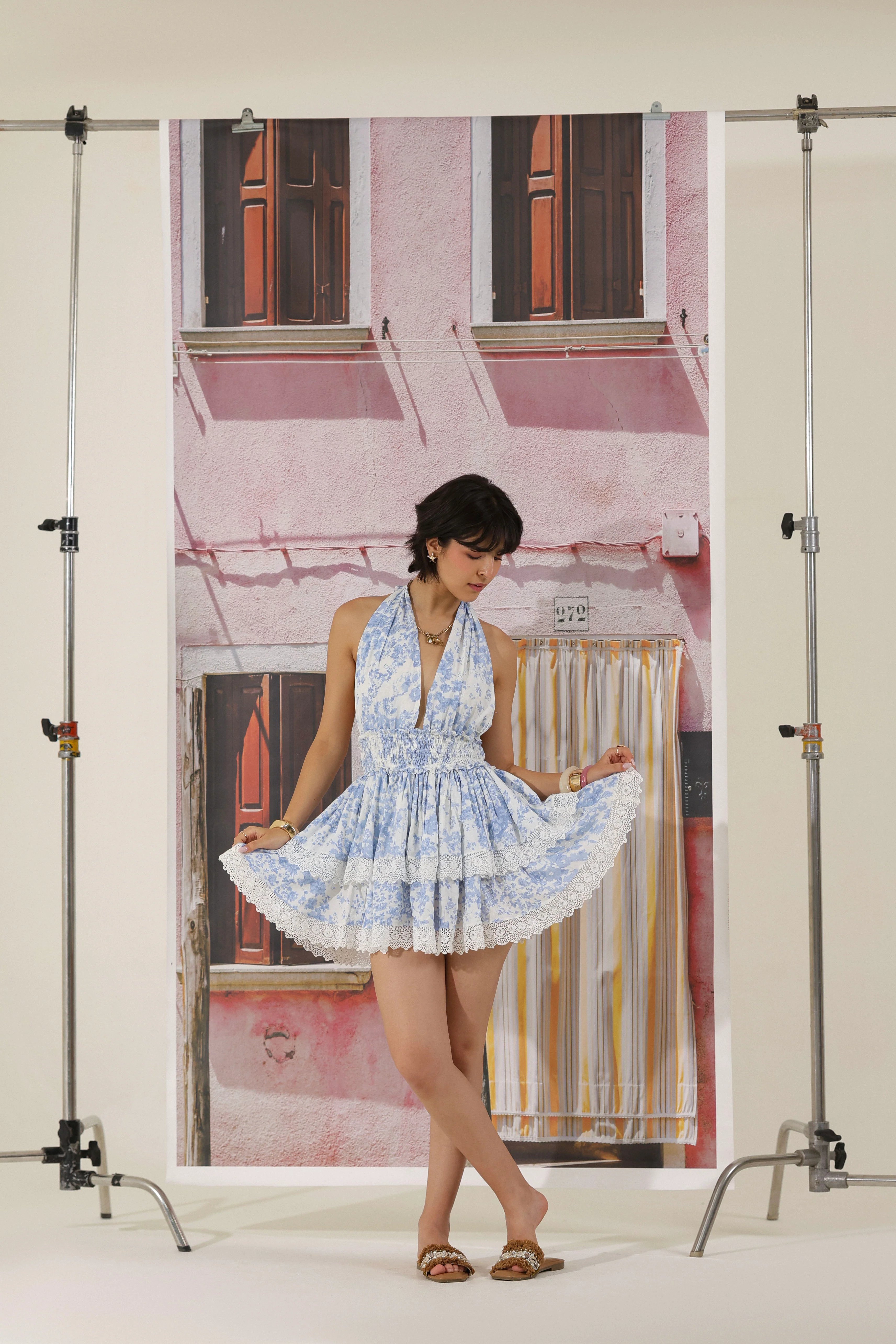 Floral Halter Neck Dress With Lace Detail