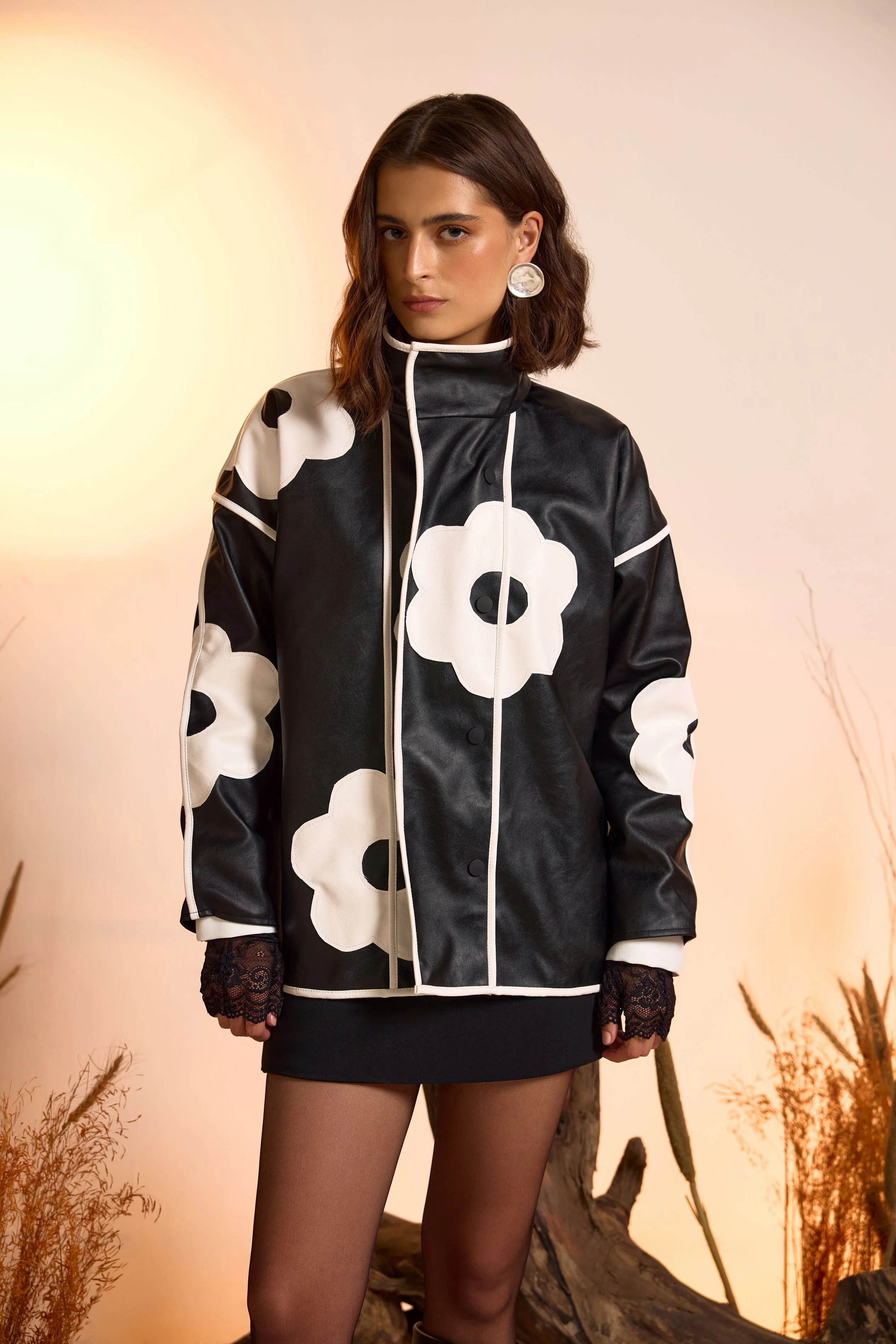 Flower Applique Faux Leather Jacket - Image 2