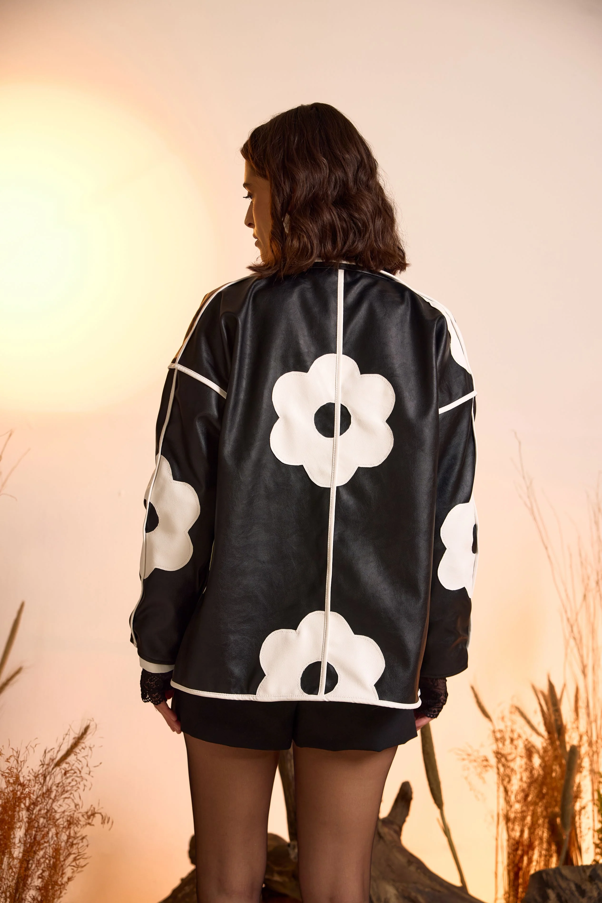 Flower Applique Faux Leather Jacket - Image 4