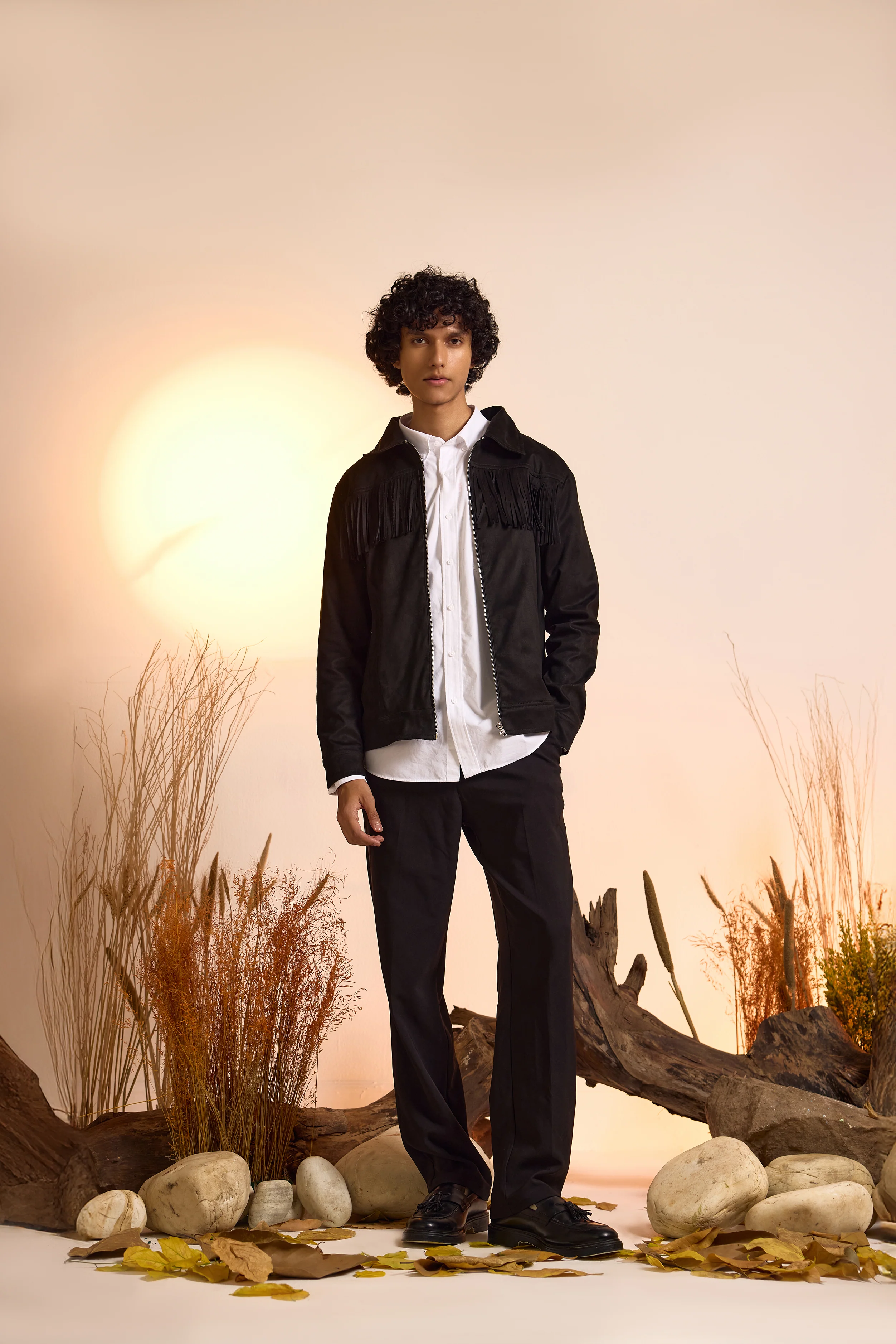 Fringe Relaxed Fit Suede Jacket-Black-Men - Image 2