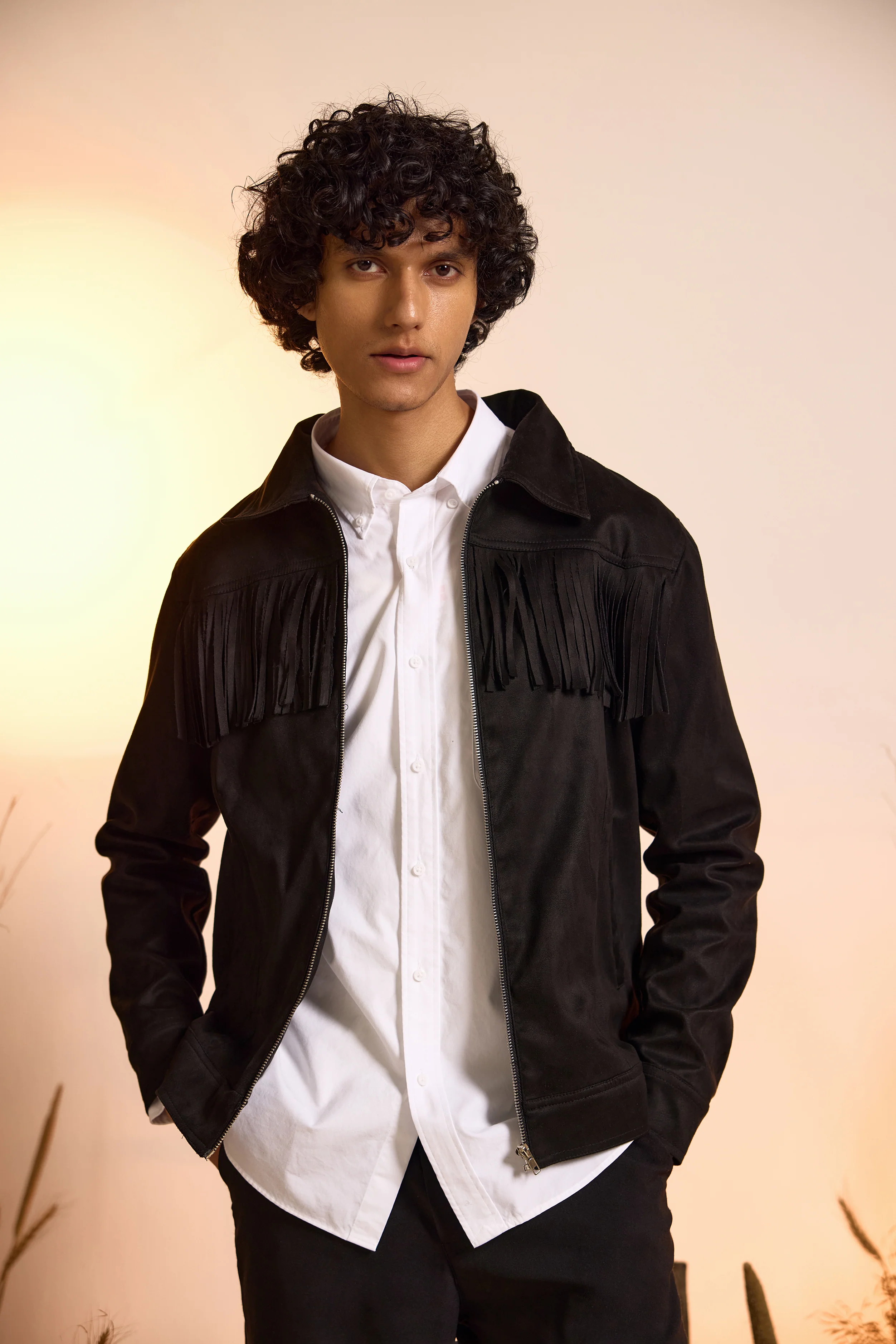 Fringe Relaxed Fit Suede Jacket-Black-Men - Image 3