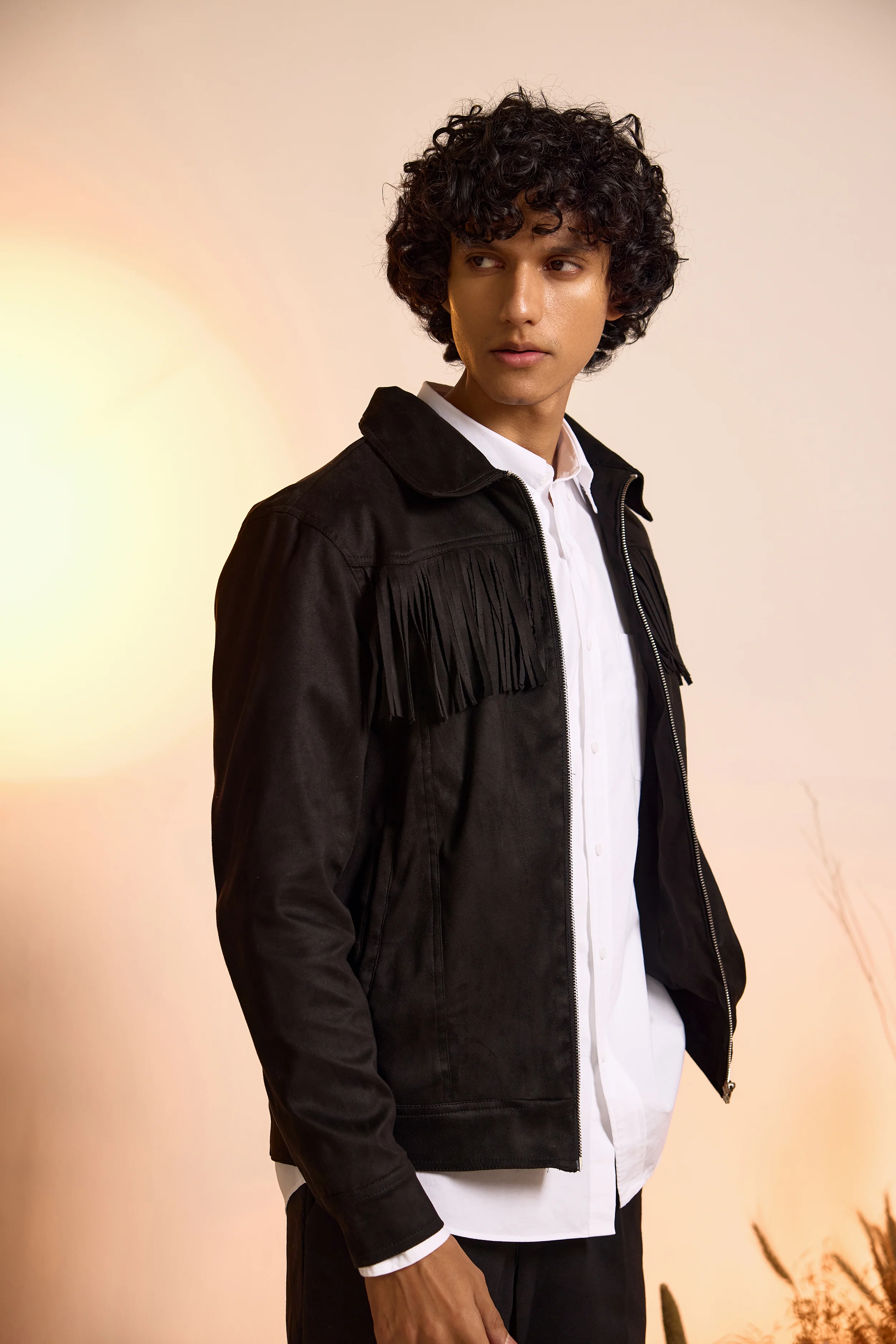 Fringe Relaxed Fit Suede Jacket-Black-Men - Image 4