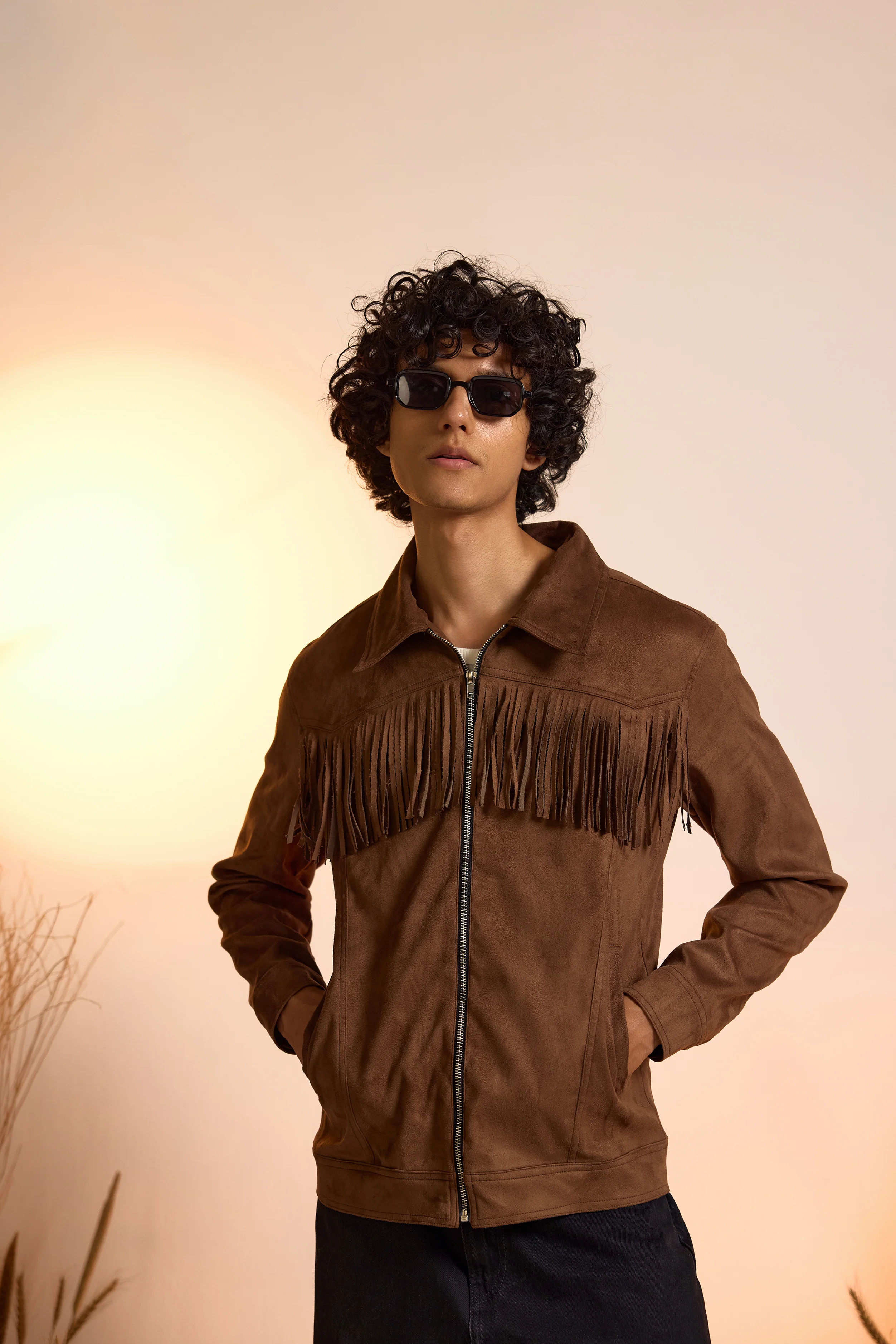 Fringe Relaxed Fit Suede Jacket-Brown-Men - Image 2