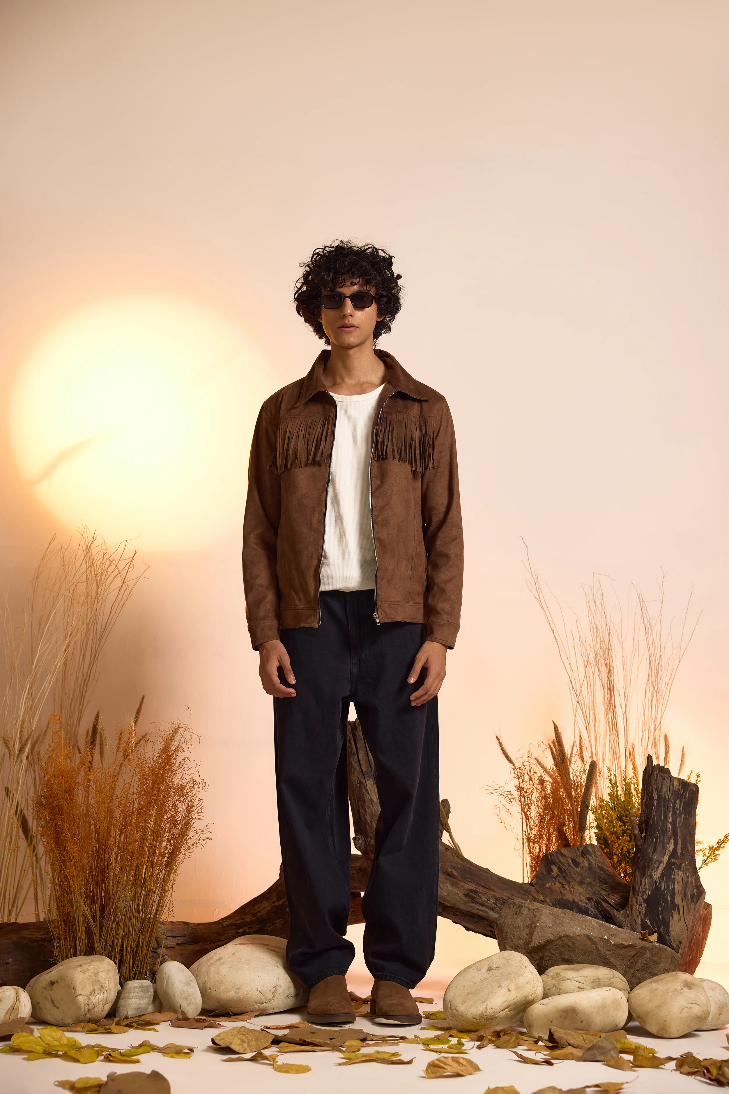 Fringe Relaxed Fit Suede Jacket-Brown-Men - Image 3