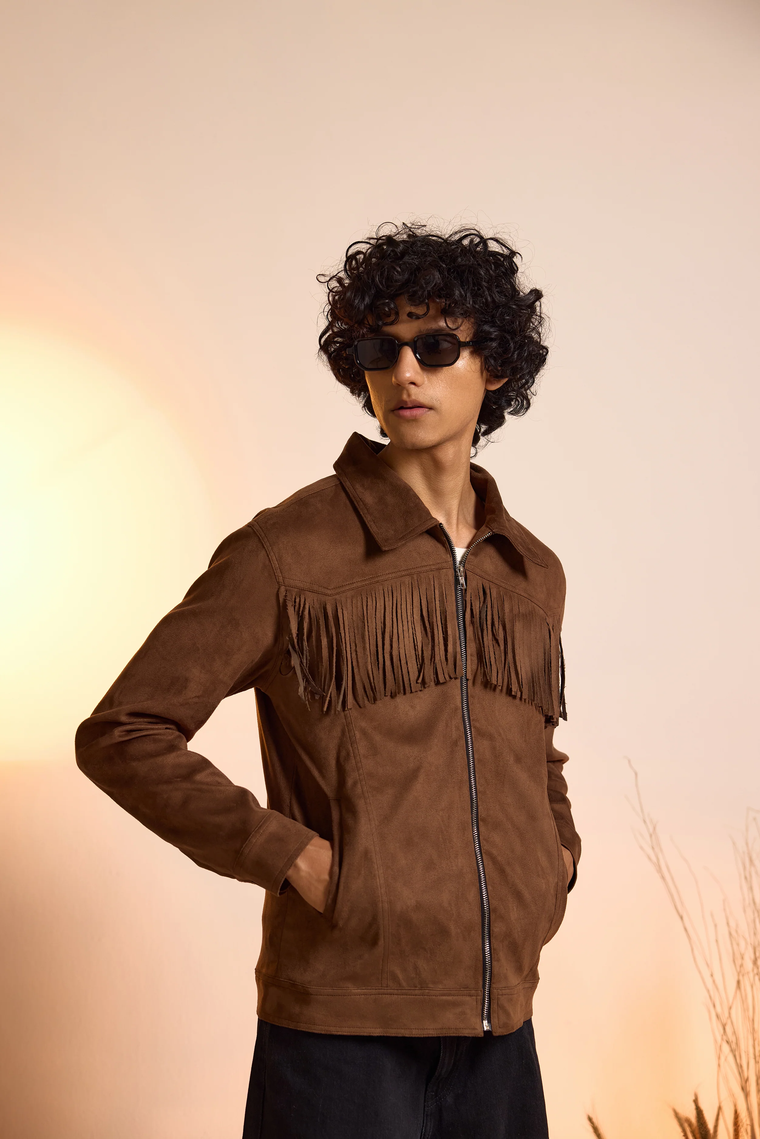 Fringe Relaxed Fit Suede Jacket-Brown-Men - Image 4