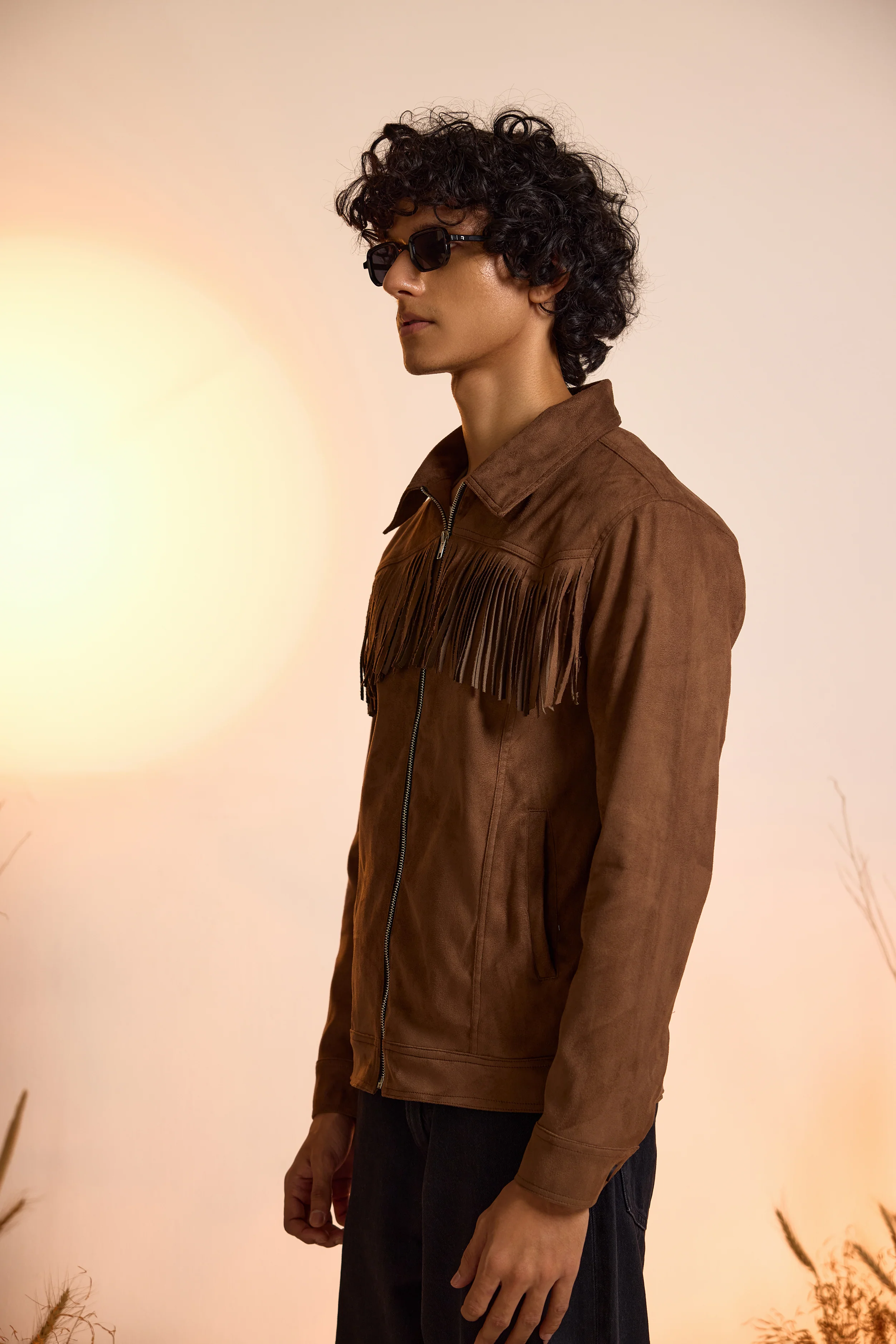 Fringe Relaxed Fit Suede Jacket-Brown-Men - Image 5