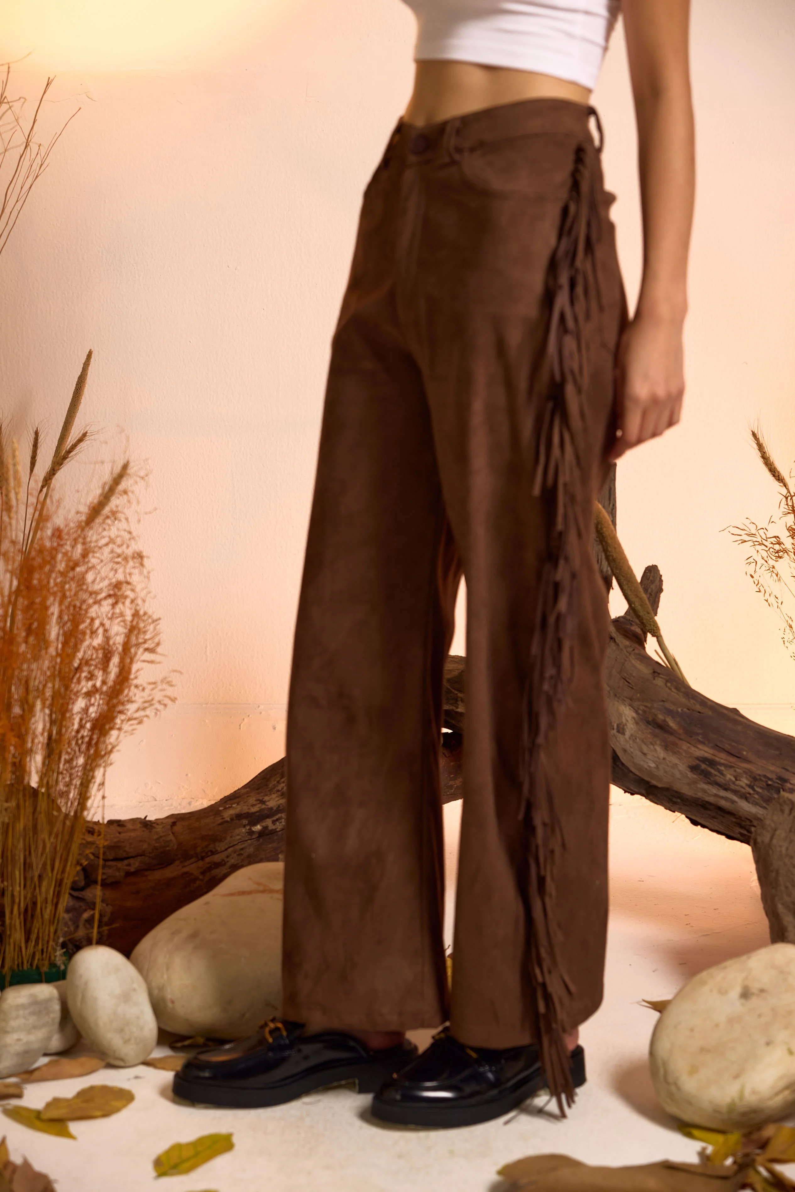 Side Fringe Straight Fit Suede Pant - Image 2