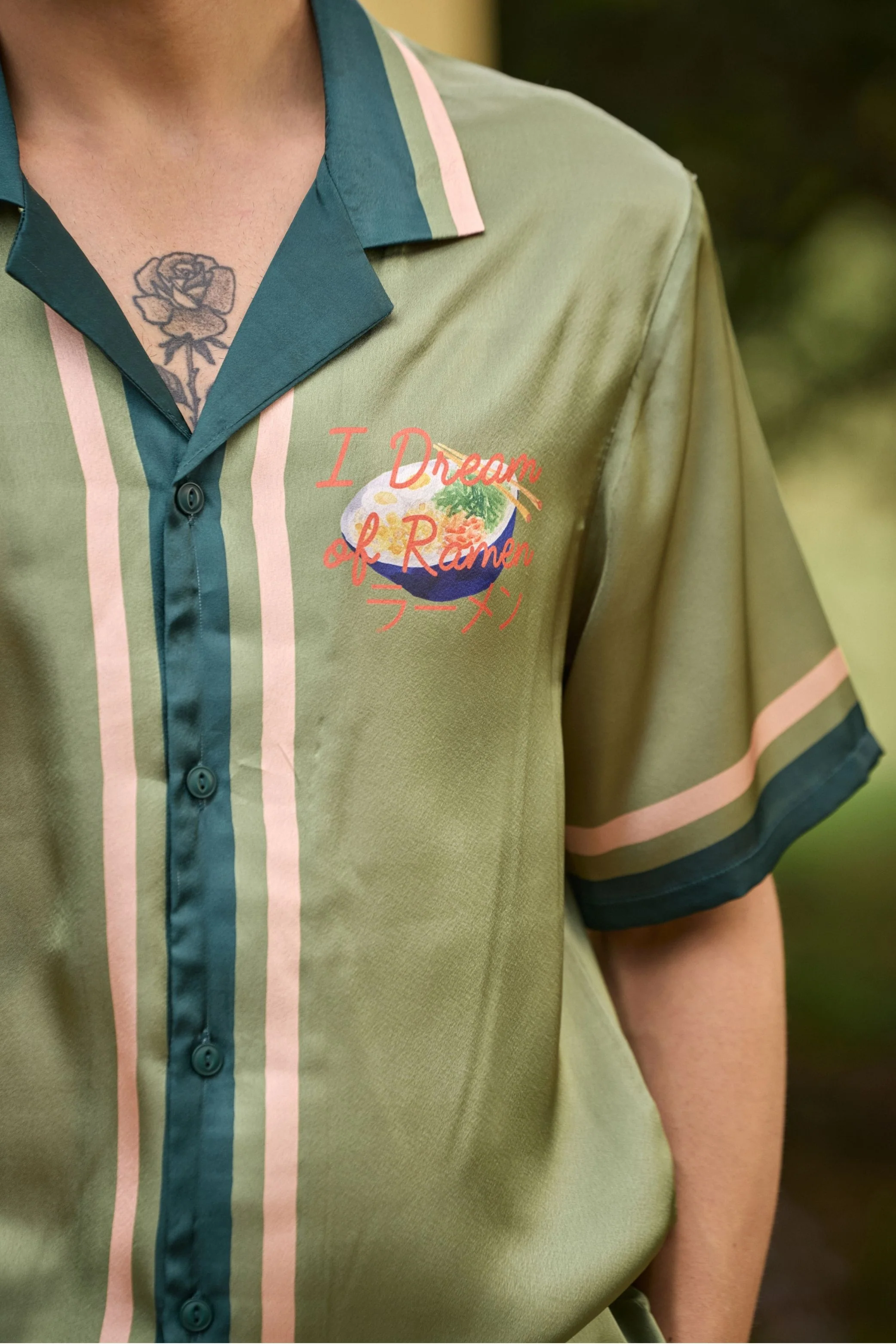 I Dream of Ramen Printed Camp Collar Satin Shirt – Olive Green - Image 2