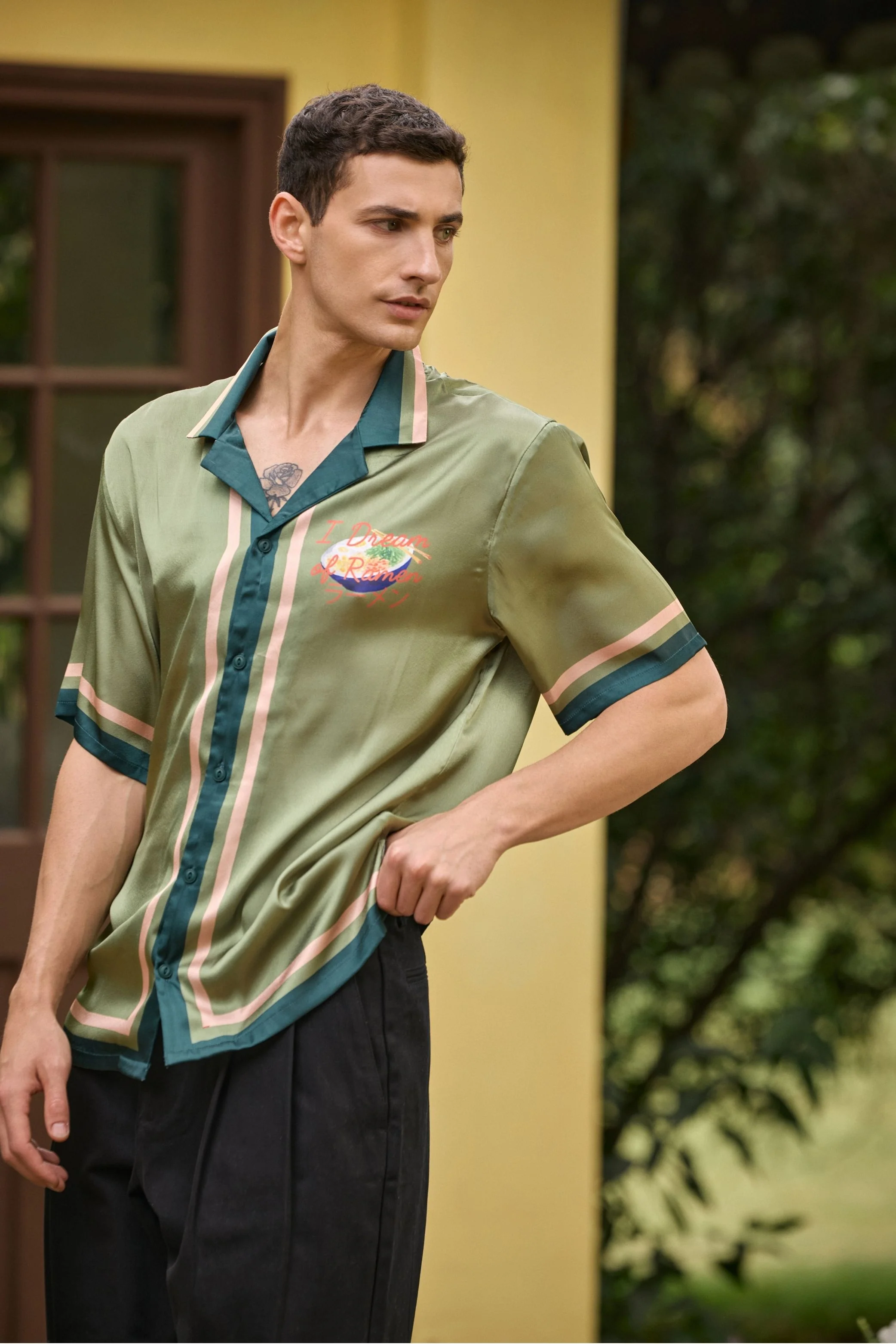 I Dream of Ramen Printed Camp Collar Satin Shirt – Olive Green - Image 3