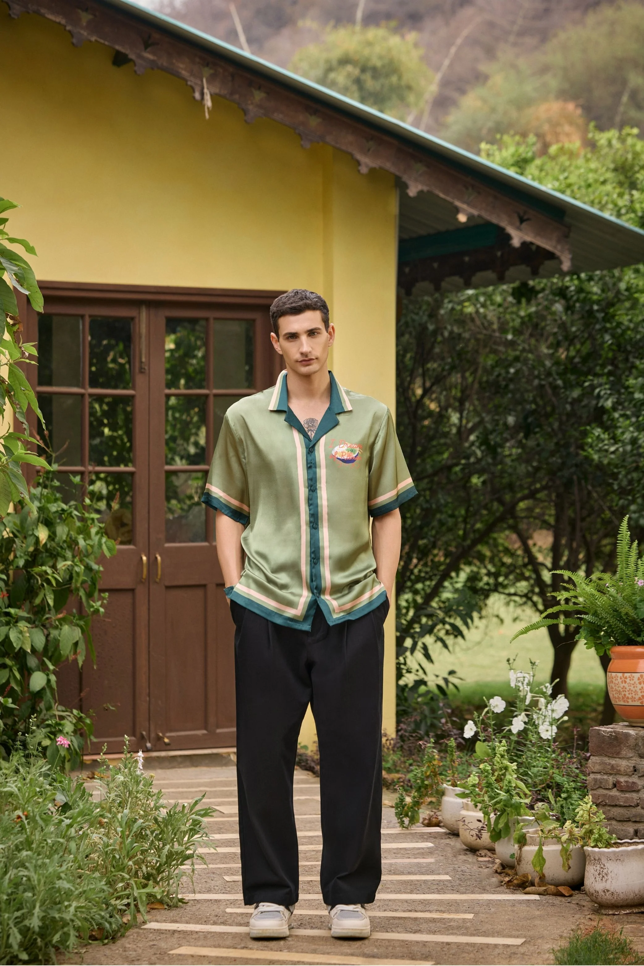I Dream of Ramen Printed Camp Collar Satin Shirt – Olive Green - Image 4