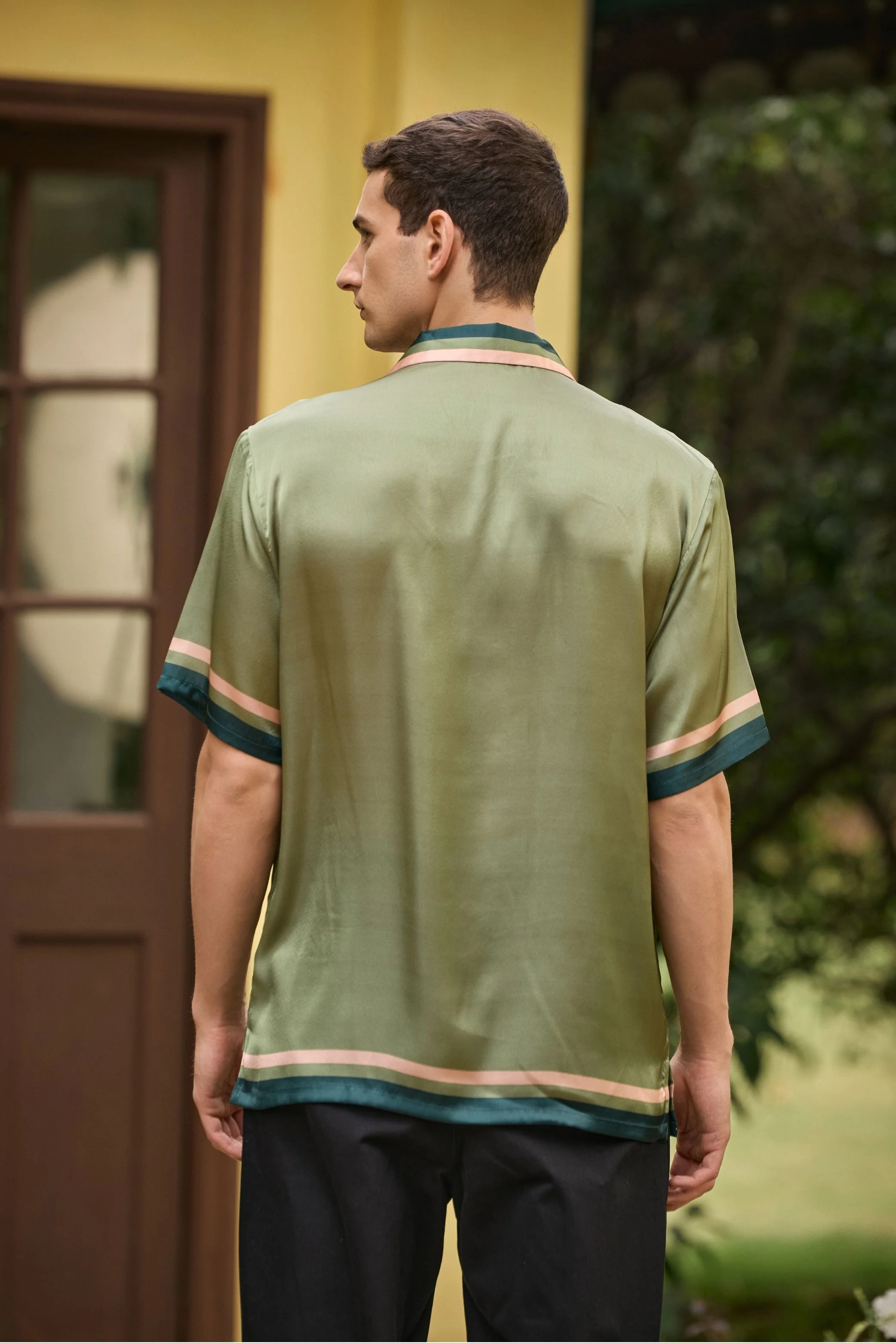 I Dream of Ramen Printed Camp Collar Satin Shirt – Olive Green - Image 5