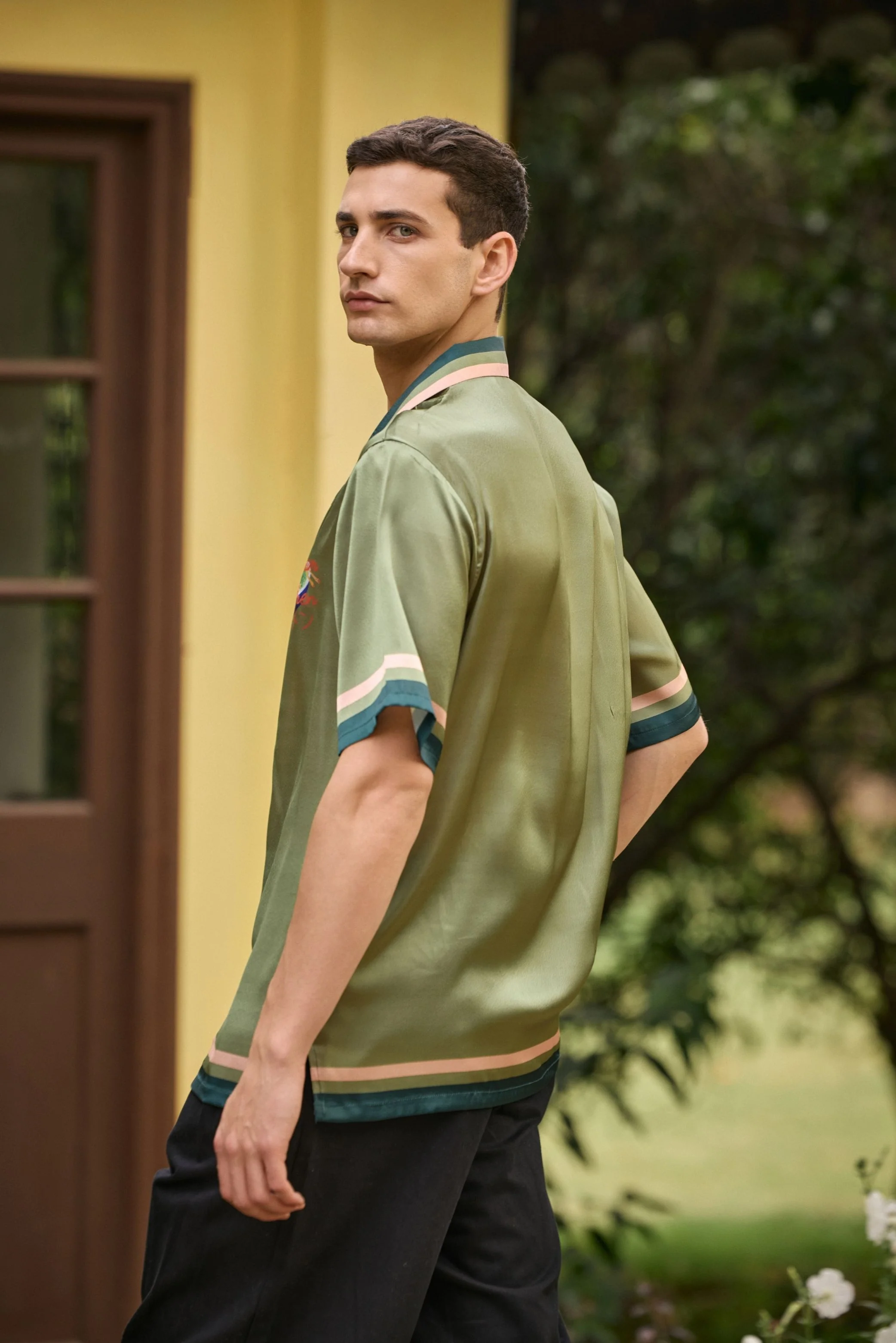 I Dream of Ramen Printed Camp Collar Satin Shirt – Olive Green - Image 6
