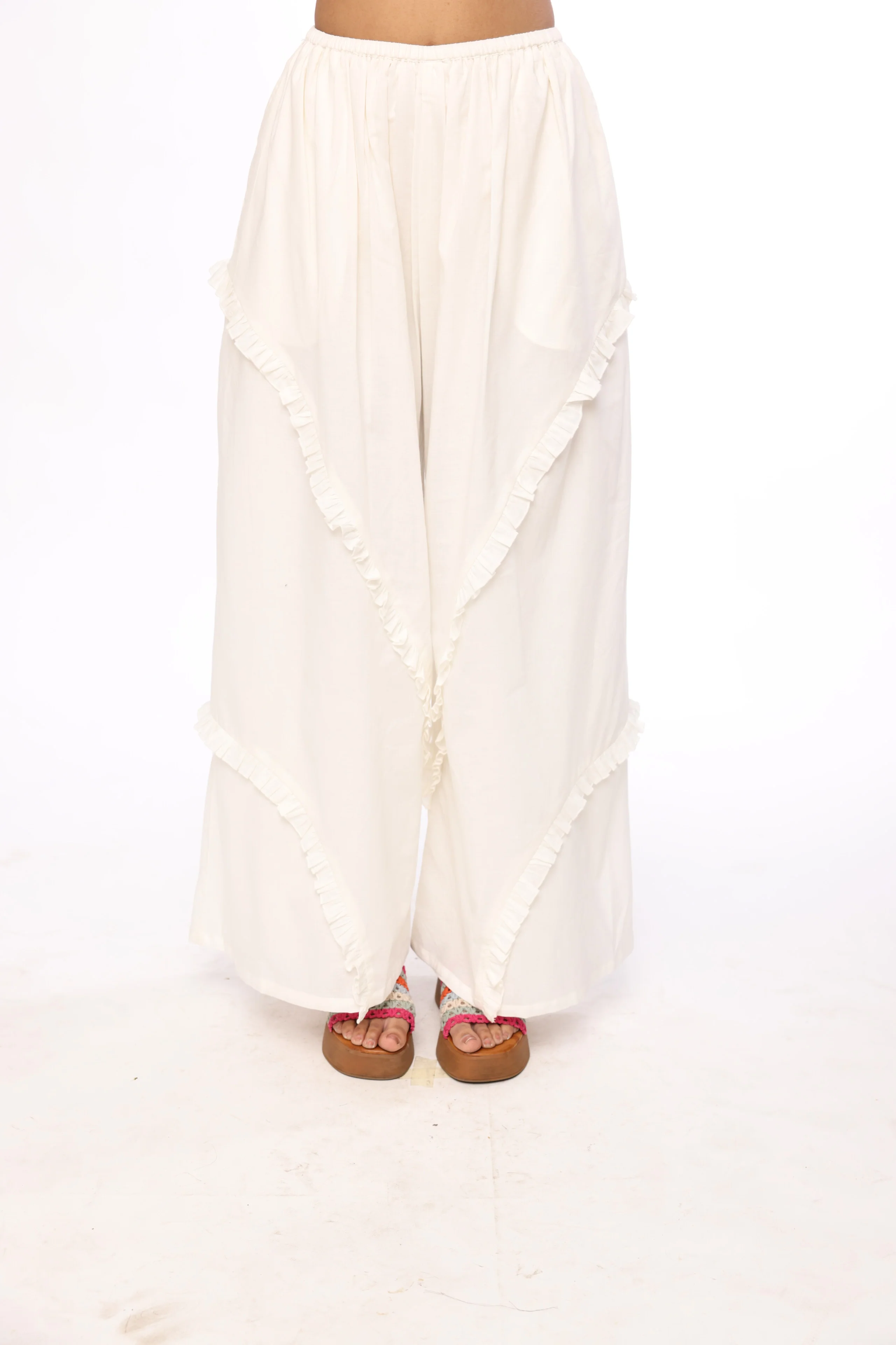 Ivory Boho Ruffle Wide-Leg Pants