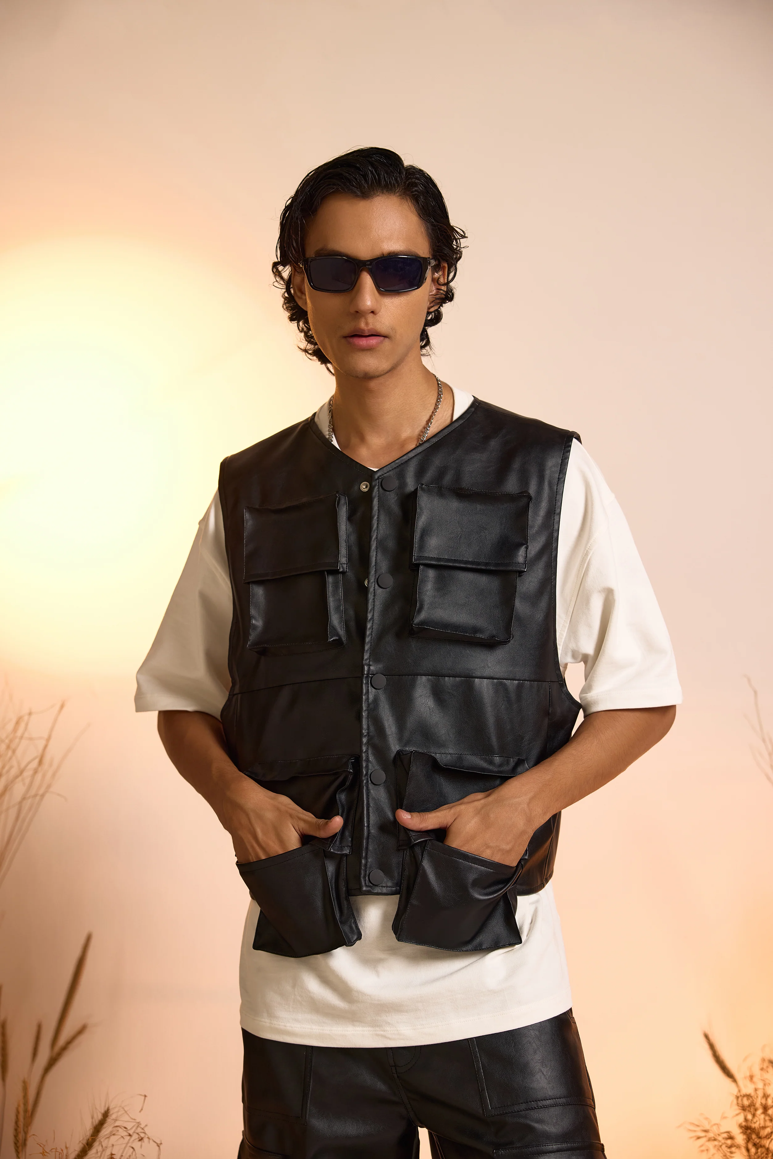 Faux Leather Oversized Gilet Jacket-Men - Image 2