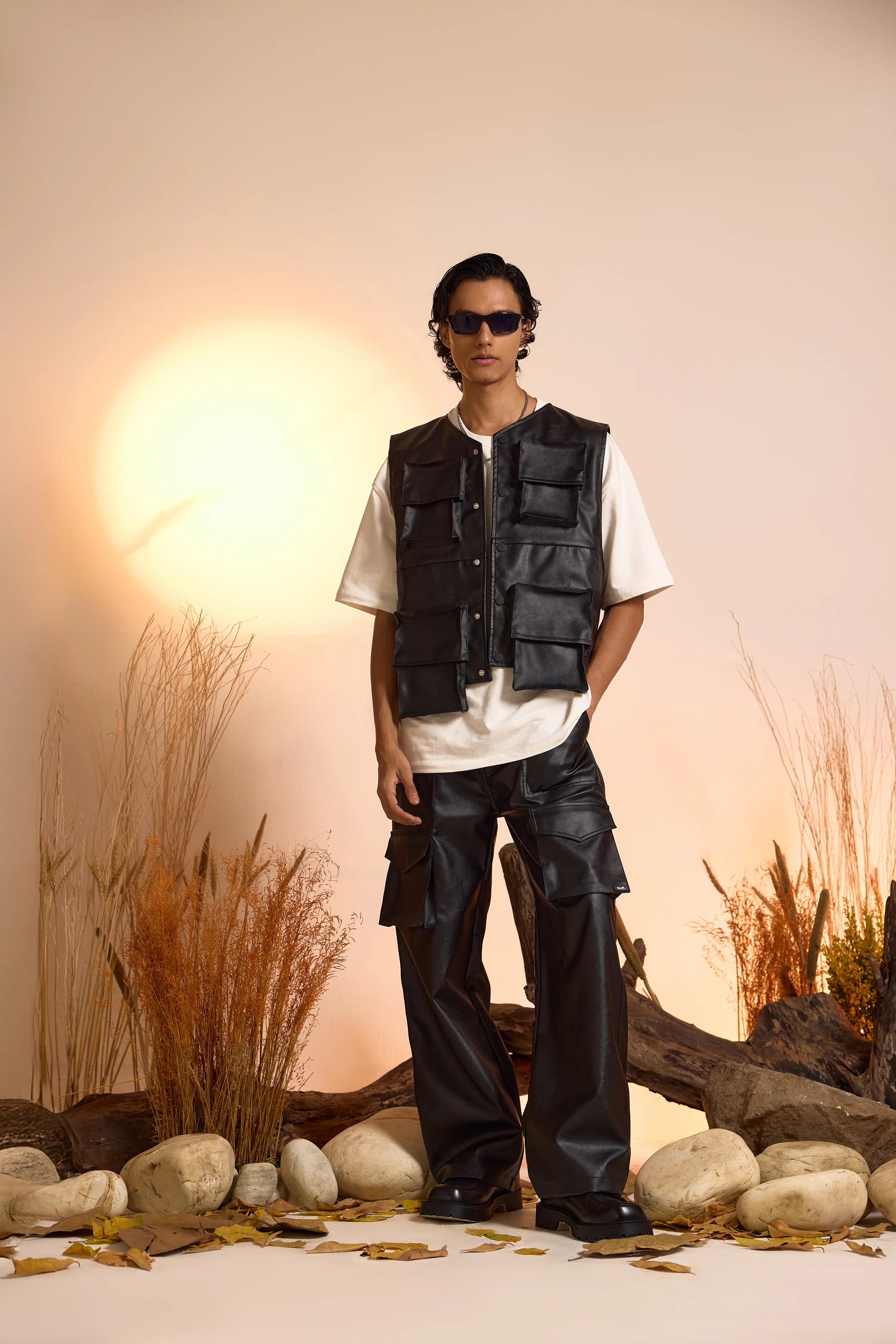 Faux Leather Oversized Gilet Jacket-Men - Image 3