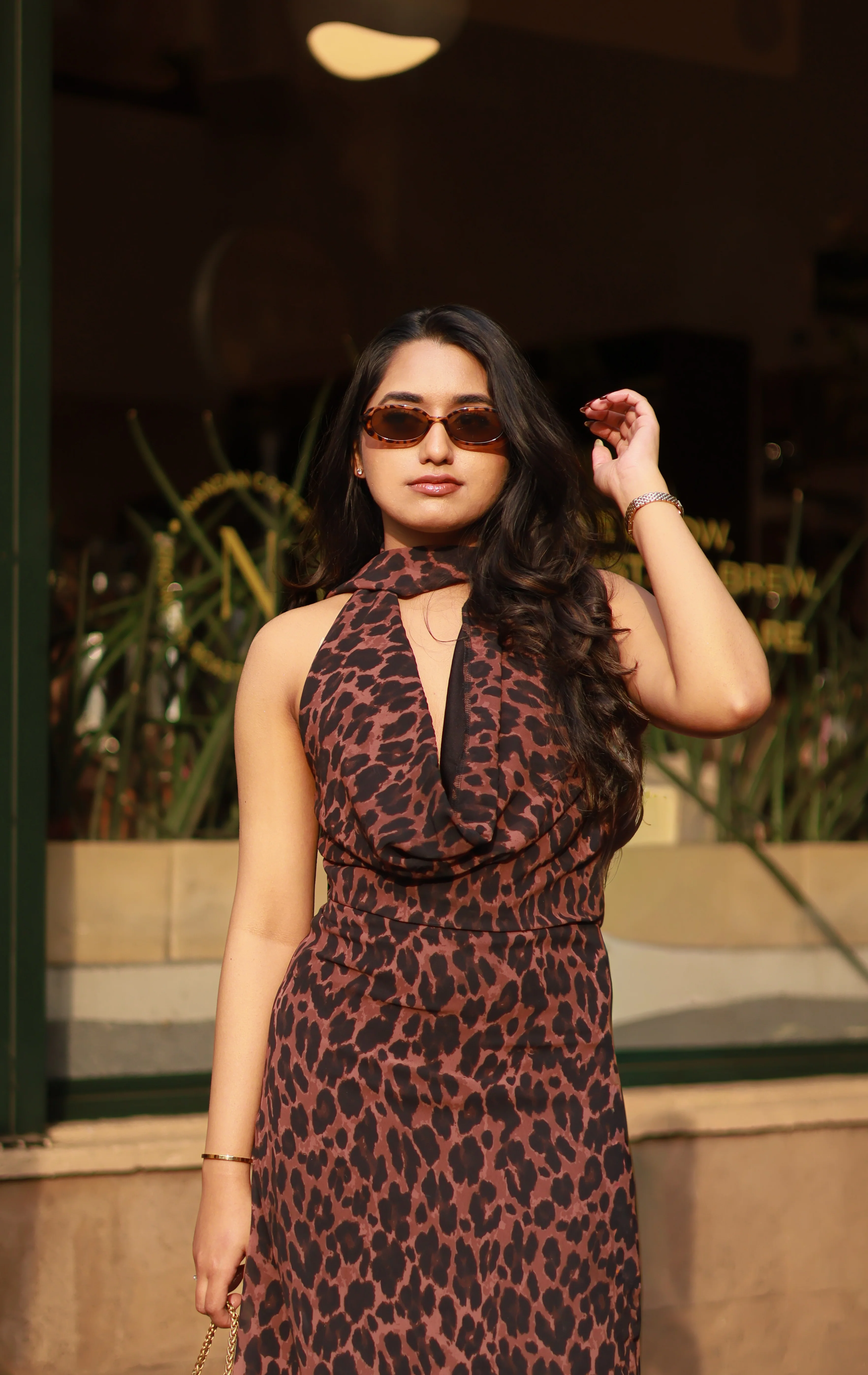 Leopard Print Cowl Neck Maxi Dress With Scarf - Image 3