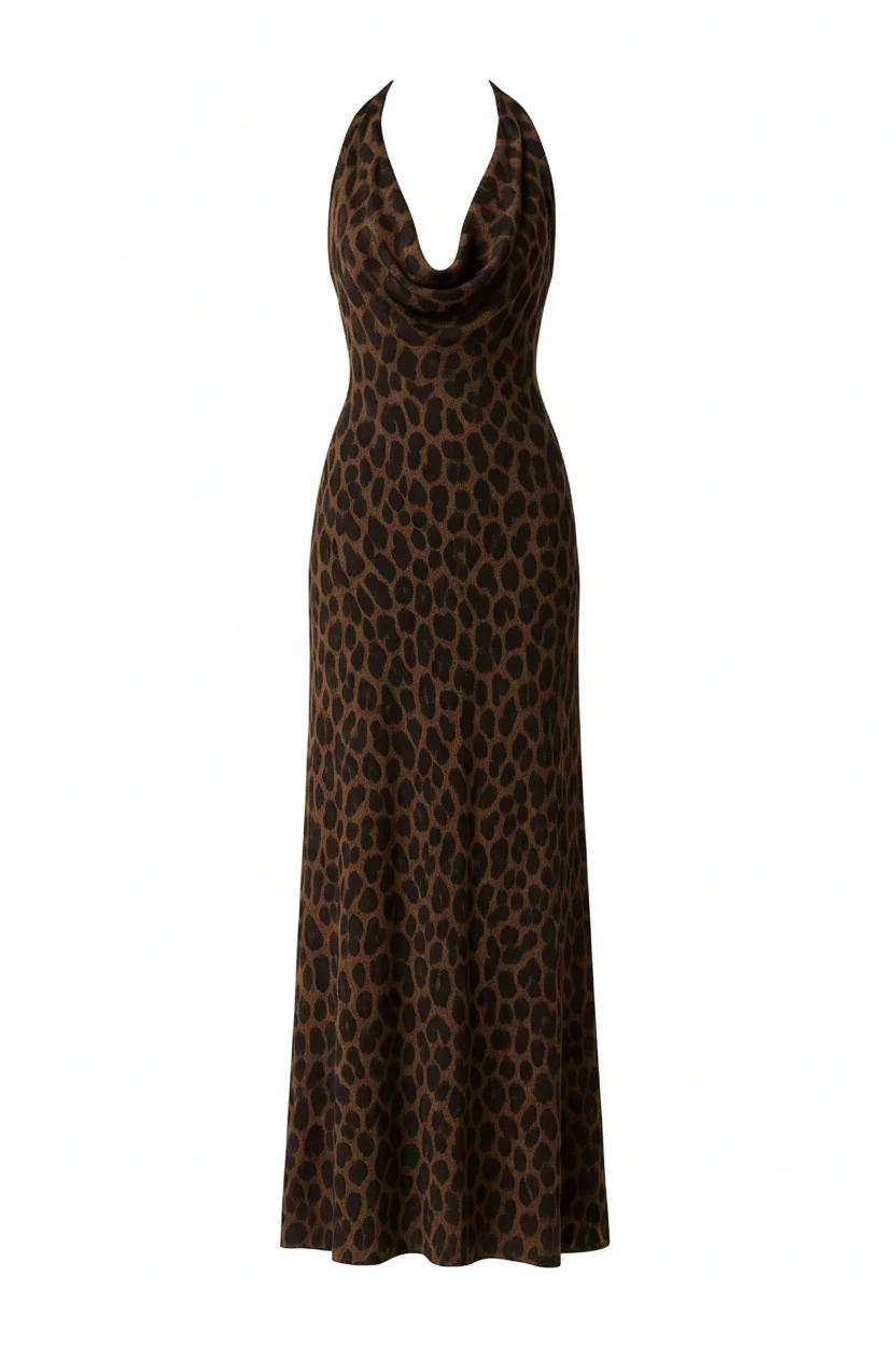 Leopard Print Cowl Neck Maxi Dress With Scarf - Image 5