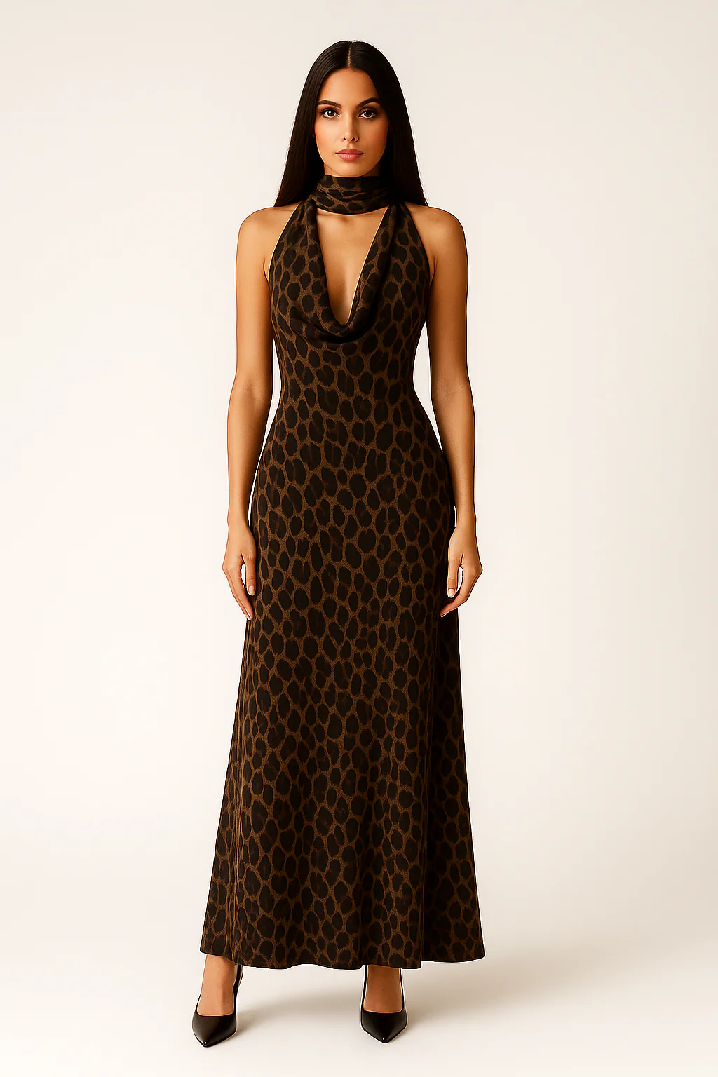Leopard Print Cowl Neck Maxi Dress With Scarf - Image 8