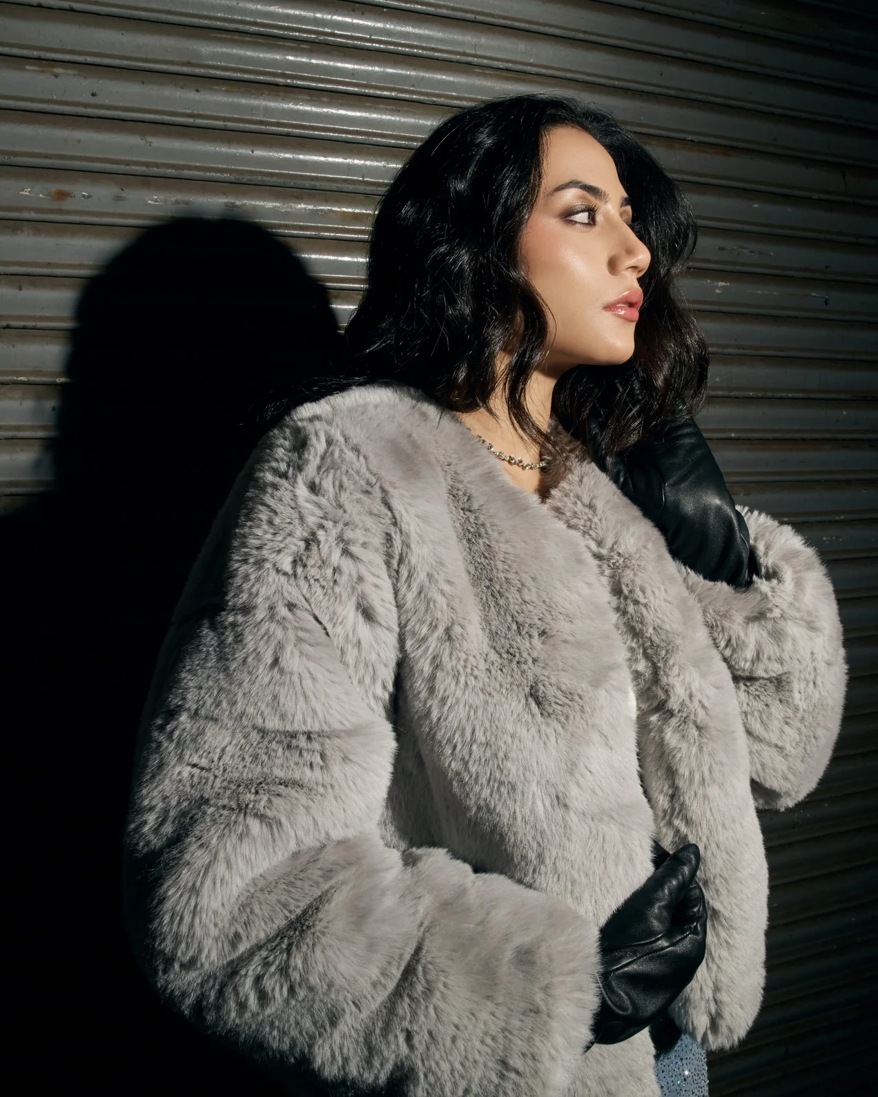 Luxe Light Grey Faux Fur Jacket - Image 2