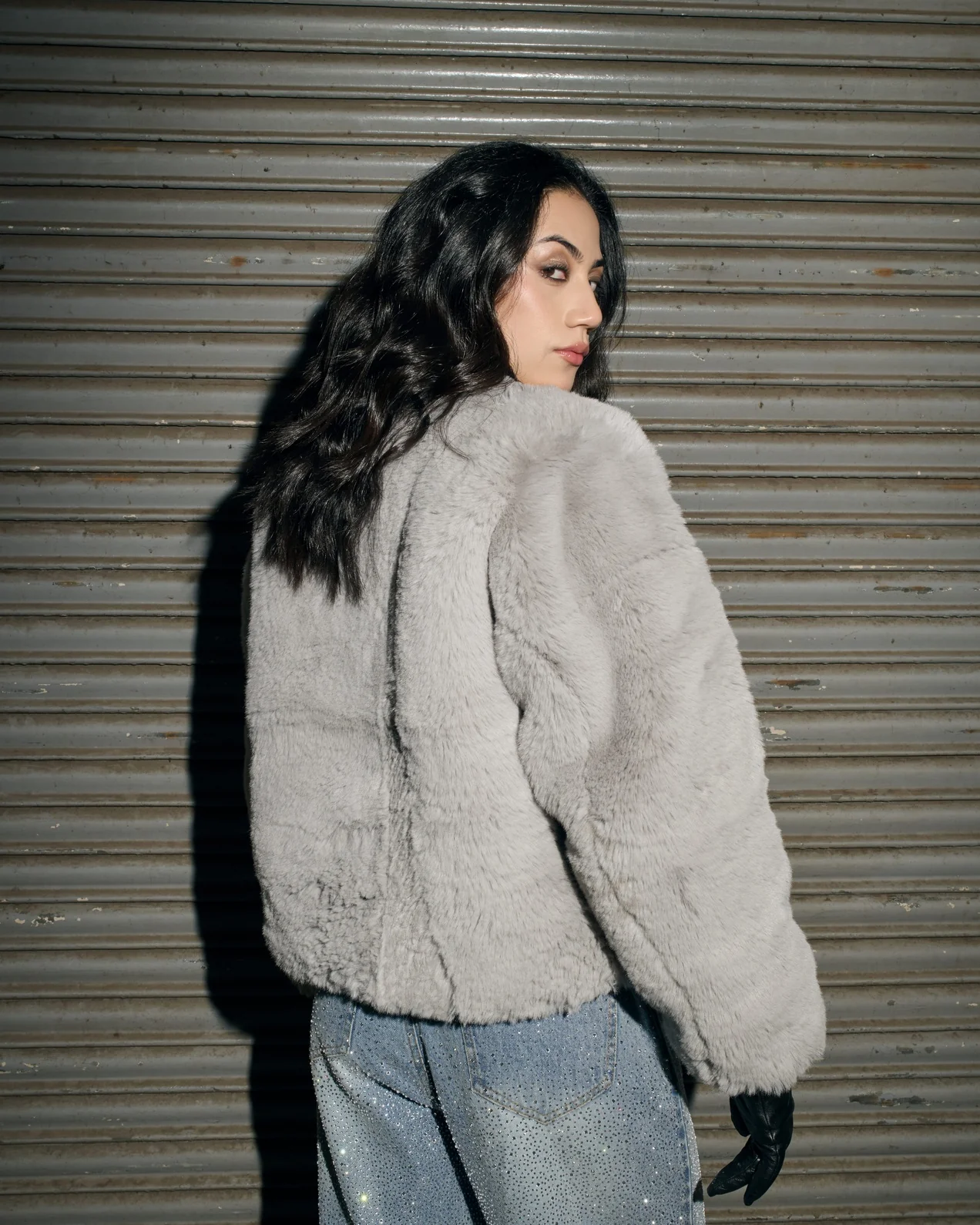 Luxe Light Grey Faux Fur Jacket - Image 3
