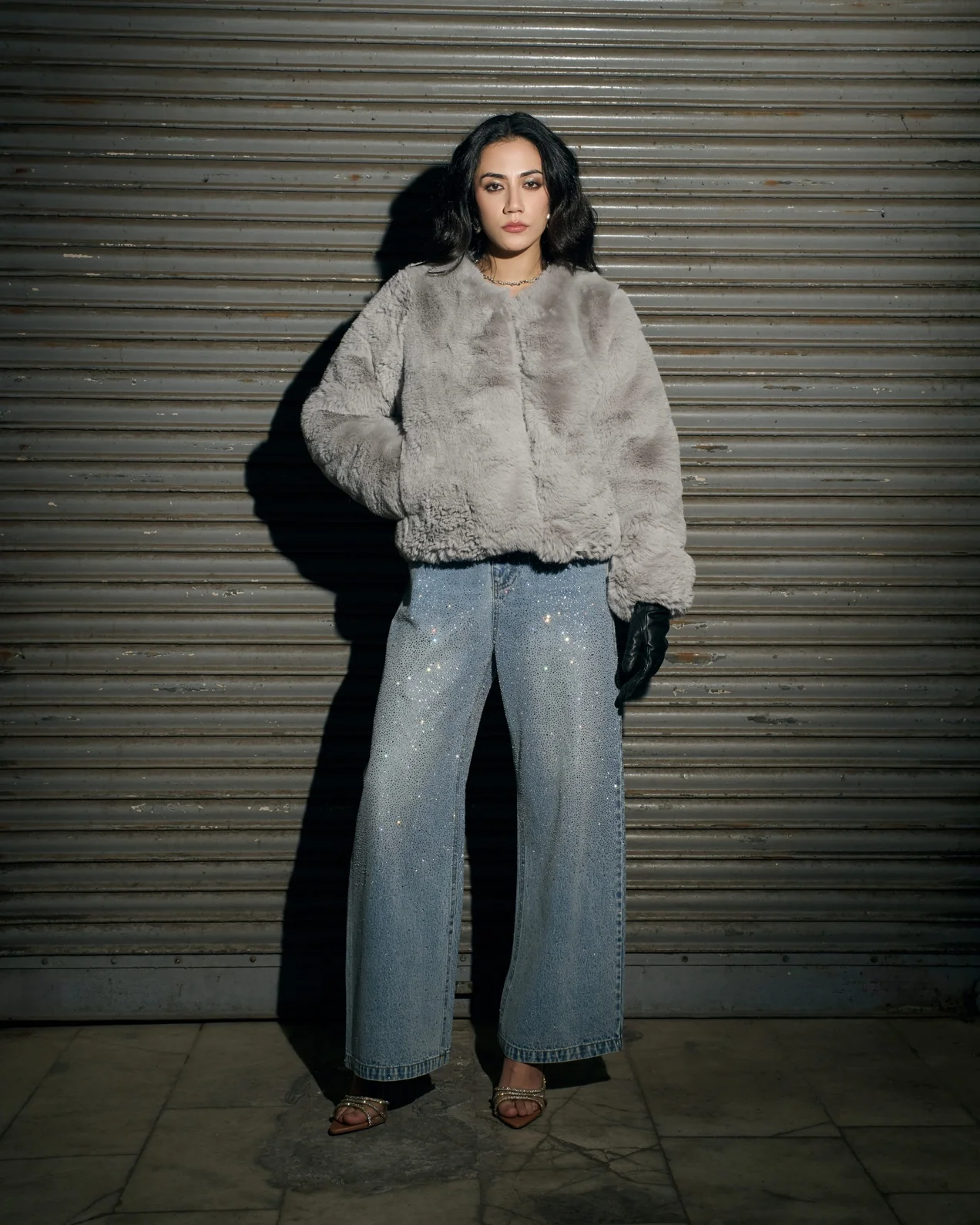 Luxe Light Grey Faux Fur Jacket - Image 4