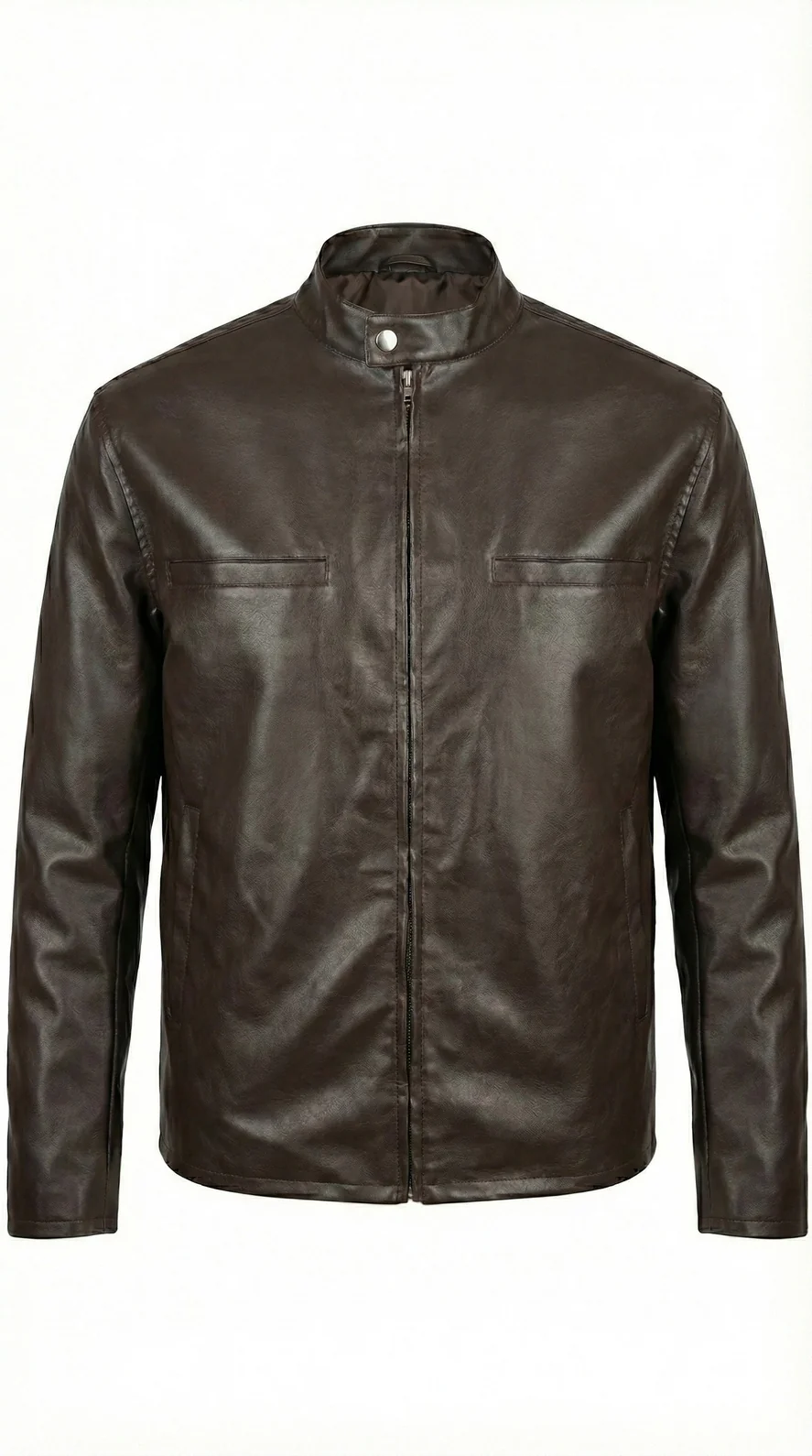 Men’s Brown Faux Leather Biker Jacket - Image 2